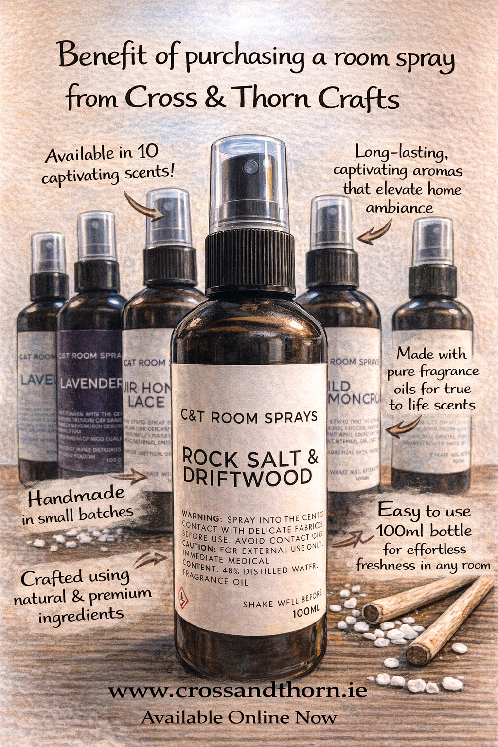 A display of five bottles of room spray with one bottle in the center labeled "Rock Salt & Driftwood" and four bottles behind, labeled "Lavender," "Wild Monc", "Lavander," and "Wild Monc." The spray bottles have black caps and clear plastic spray nozzles. Handwritten text and arrows highlight product features such as available scents, craftsmanship, fragrance quality, ease of use, and ingredients. The background has a rustic wooden surface with scattered salt rocks and cinnamon sticks. The website www.crossandthorn.ie is listed at the bottom, with an note stating "Available Online Now."