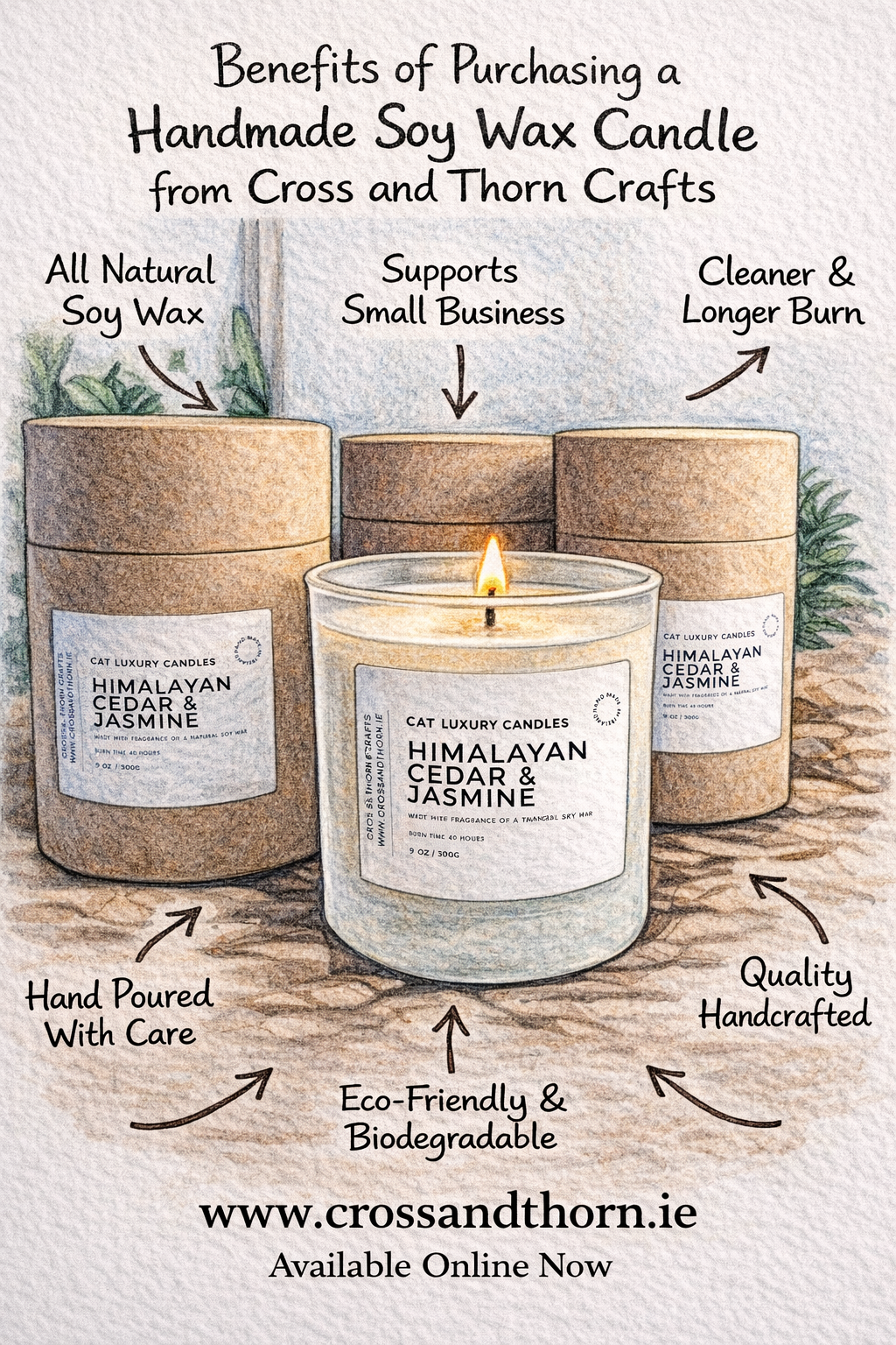 A hand-drawn illustration promoting the benefits of buying handmade soy wax candles from Cross and Thorn Crafts. Features three candles labeled Himalayan Cedar & Jasmine, with one candle lit, placed on a wooden surface. Text notes emphasize natural soy wax, support for small business, eco-friendliness, handcrafting, and longer burn times. Includes website link www.crossandthorn.ie and the message "Available Online Now."
