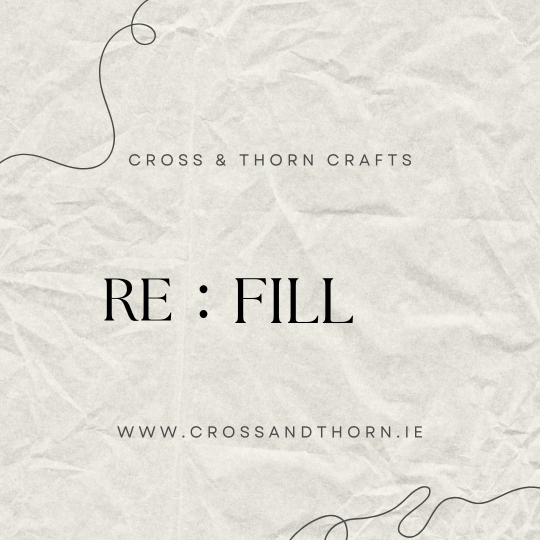 Business card for Cross & Thorn Crafts with the phrase "RE: FILL" and website www.crossandthorn.ie, on textured light gray background with black handwritten-style line decorations.