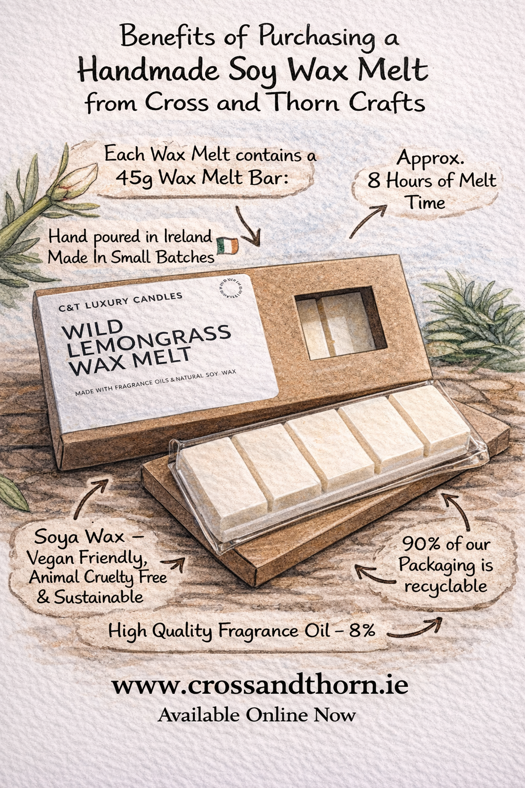 A promotional infographic for handmade soy wax melts from Cross and Thorn Crafts, featuring a box of wild lemongrass wax melts, details about the product, its ingredients, packaging, and sustainability practices, including a map of Ireland and decorative greenery.