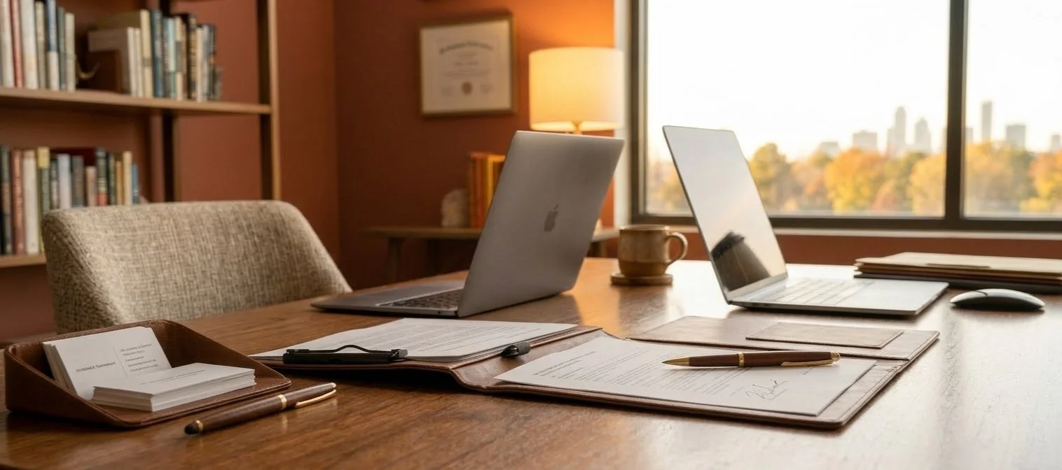 A home office desk with two open laptops, documents, a pen, a cup, a mouse, and a window showing city buildings in the background.