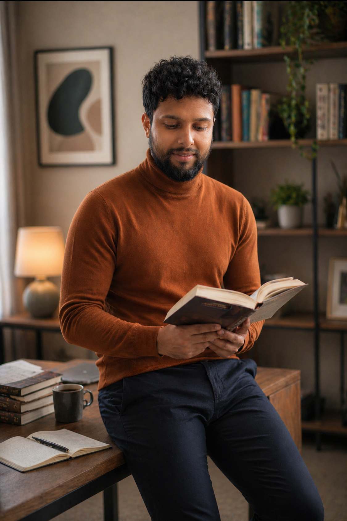 A man with curly hair and a beard wearing a brown turtleneck sweater, reading a book in a cozy, well-decorated room with bookshelves, framed artwork, a lamp, and a table with notebooks, a pen, and a cup.