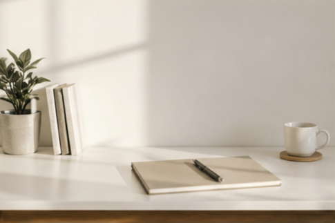 Empty white desk with a notebook and pen, a potted plant, some books, and a coffee cup