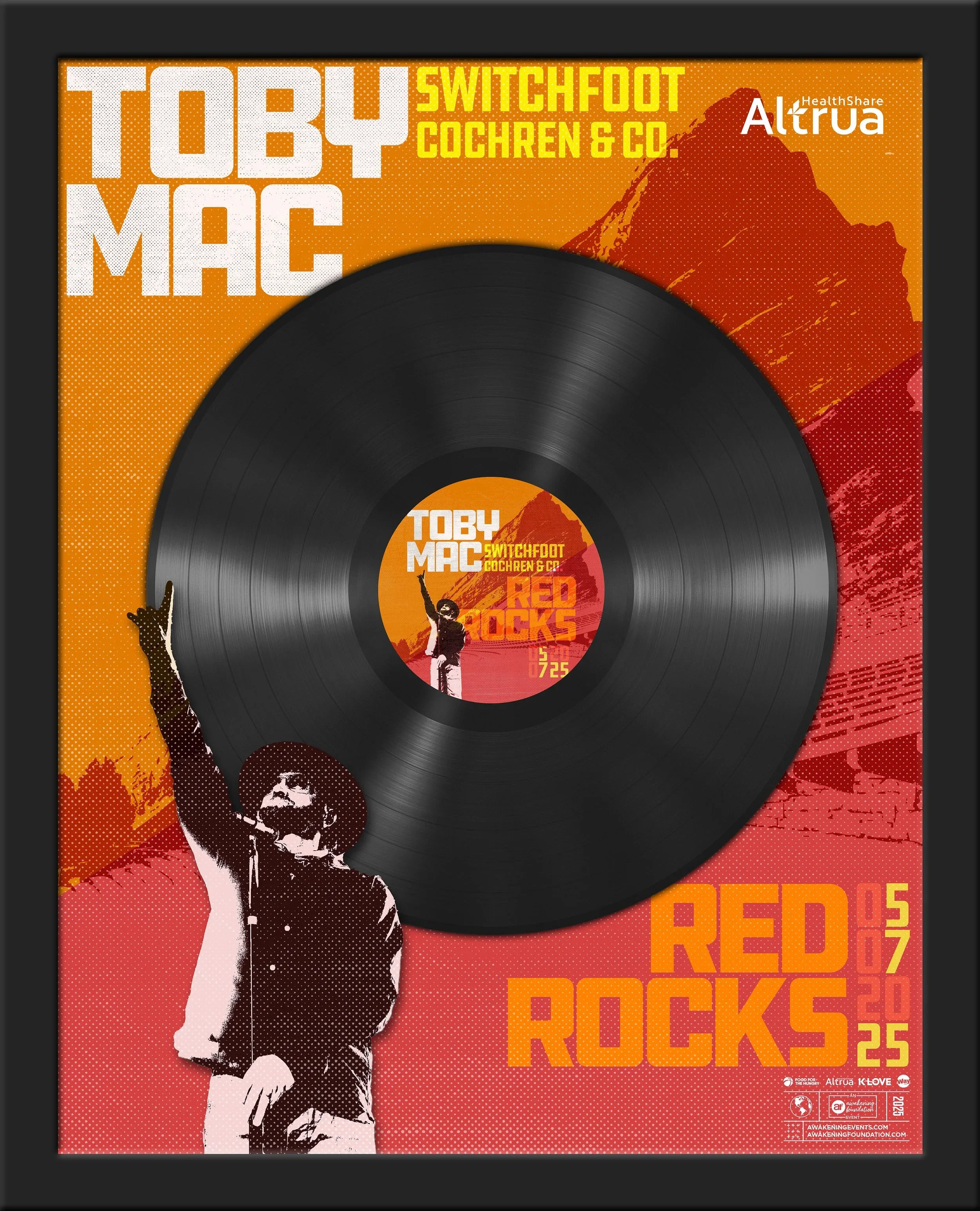 Design for a music album cover with an orange and red background featuring a mountain silhouette, a stylized person pointing, a black vinyl record, and text including names 'Toby Mac' and 'Switchfoot Cochr & Co.' along with the title 'Red Rocks 2025' and various logos.