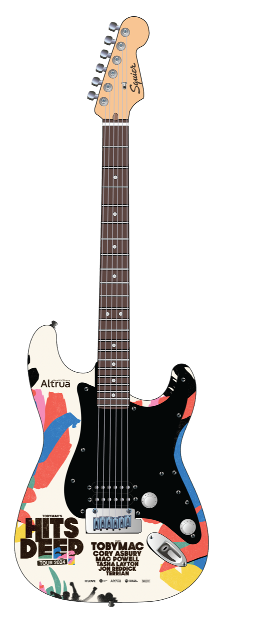 Electric guitar with colorful, abstract artwork and text promoting TobyMac's 'Hits Deep Tour 2024'.