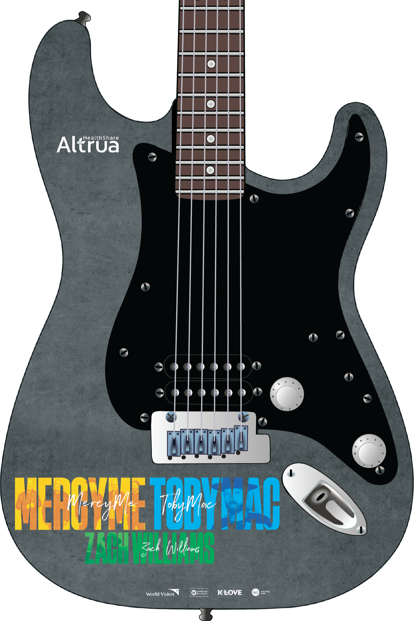 A close-up of an electric guitar with a black pickguard, metallic hardware, and a brown fretboard. Part of a colorful text overlay at the bottom includes words like 'mercy' and names such as 'TobyMac' and 'Zach Williams.'