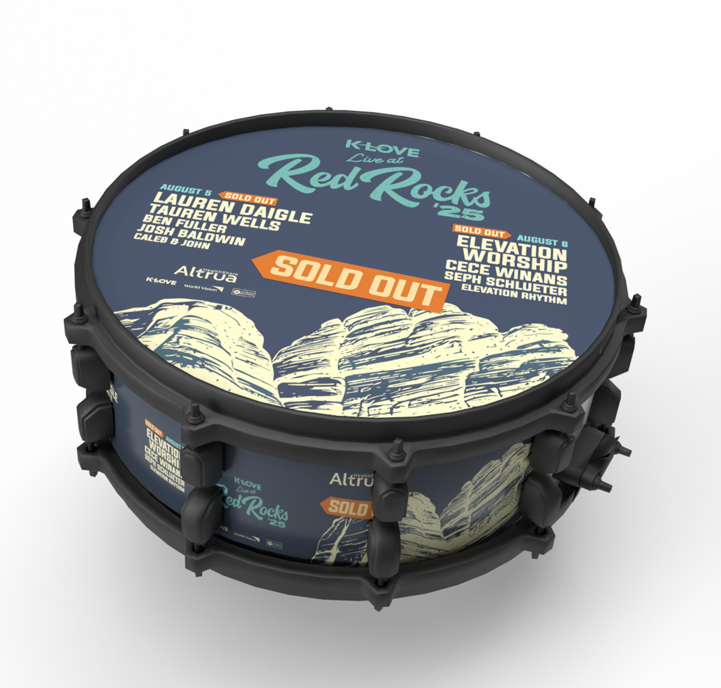 Concert drumhead advertising a live music event at Red Rocks with band names and sold-out notices.