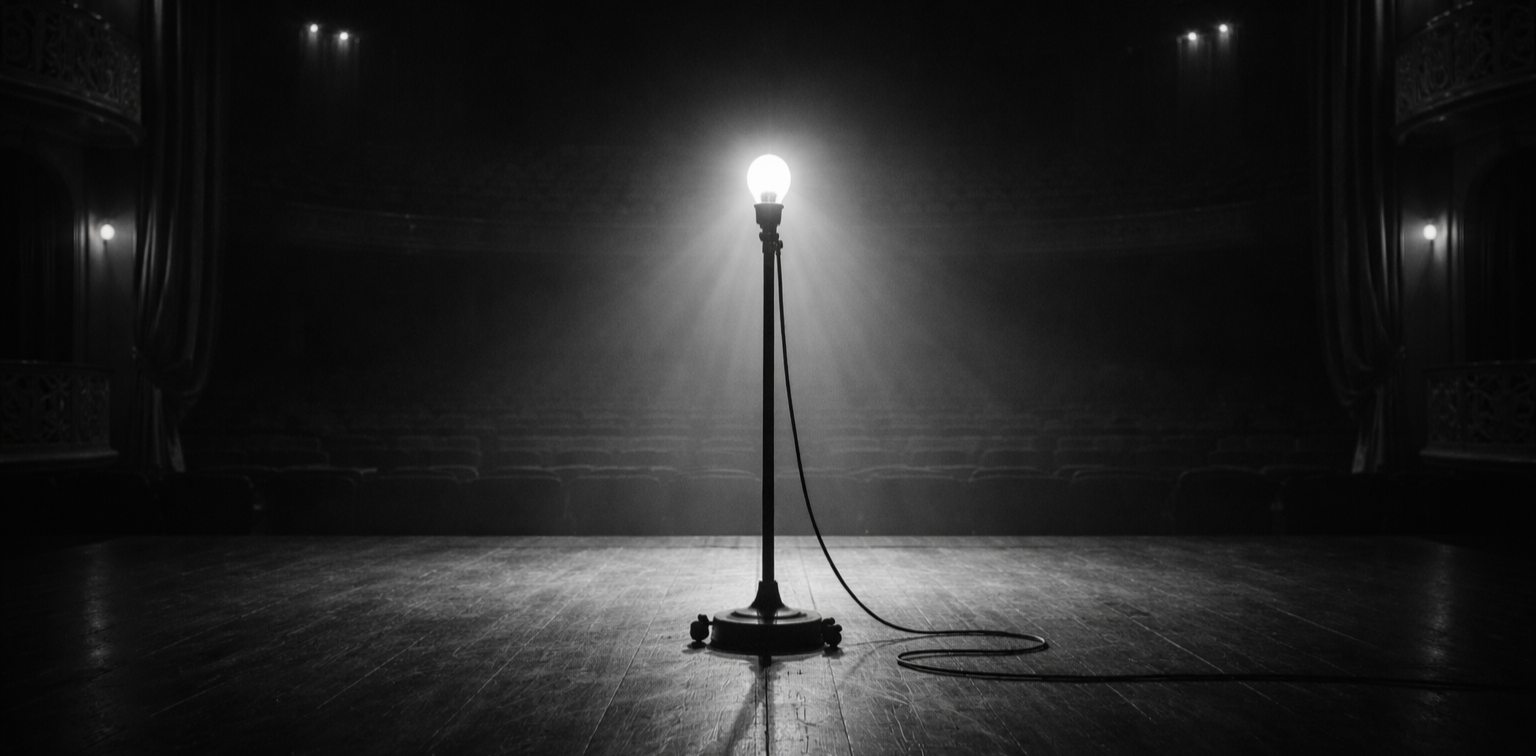 A theatre ghostlight stands on a stage in front of an empty theatre with seats and ornate balconies, black and white.