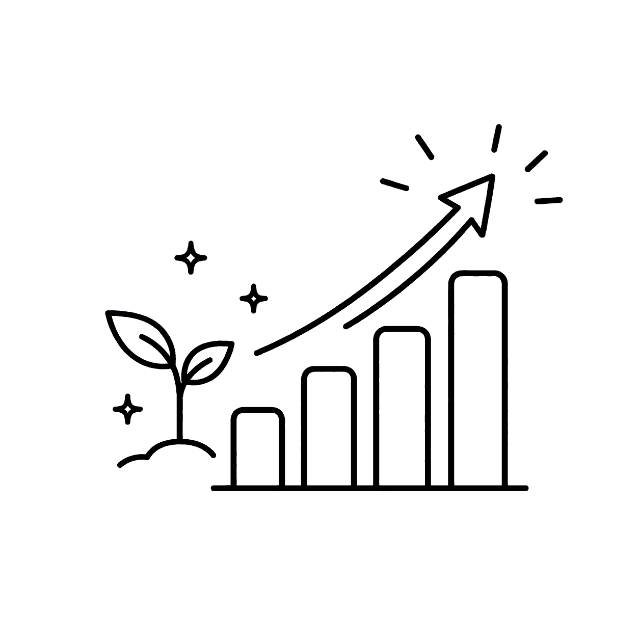 Line drawing of a growing plant next to a bar graph with an upward arrow, symbolizing growth and progress.