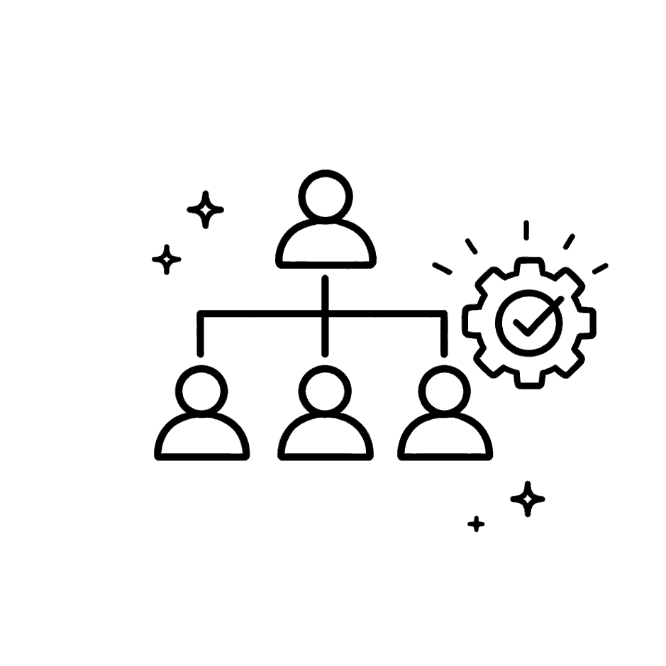Outline of a team hierarchy with one person at the top, three people below, a gear with a check mark, and decorative stars.