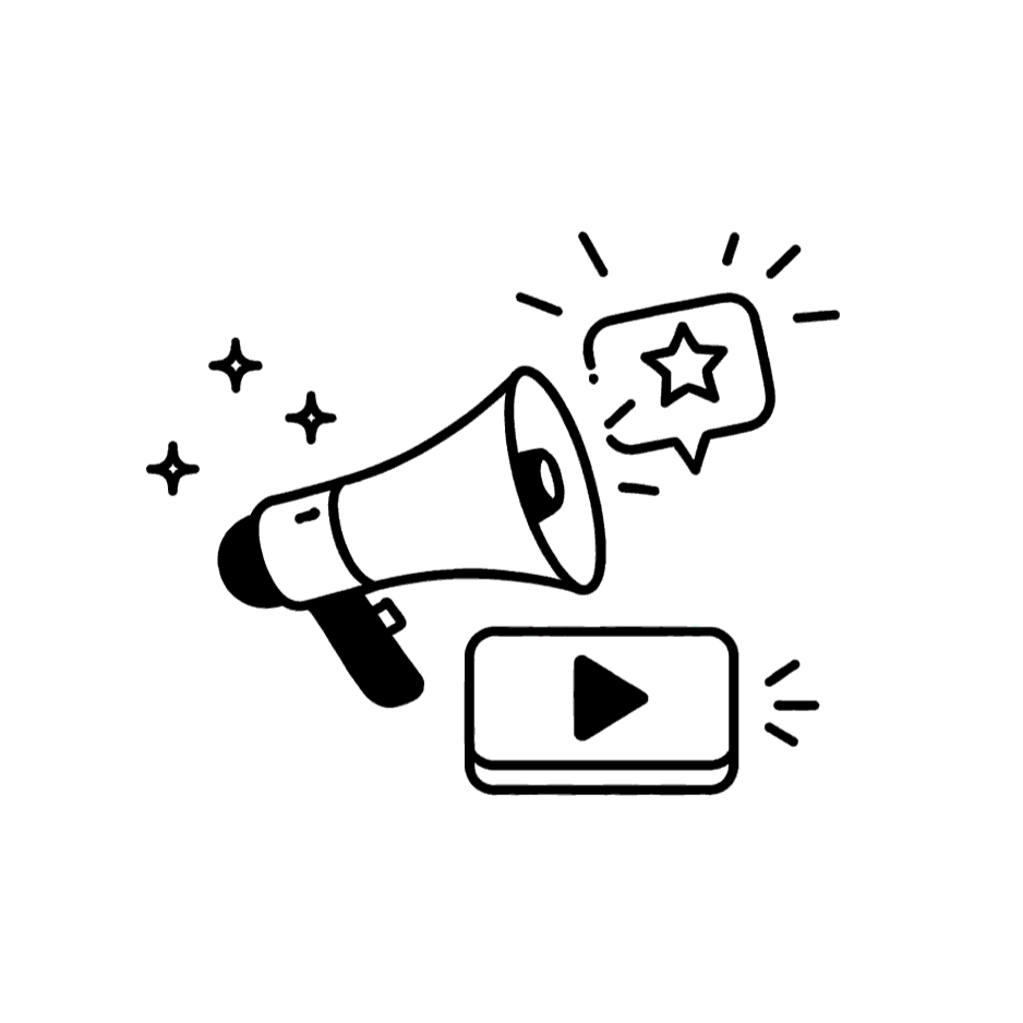 A black and white line drawing of a megaphone with sparkles, a speech bubble with a star inside, and a play button icon.