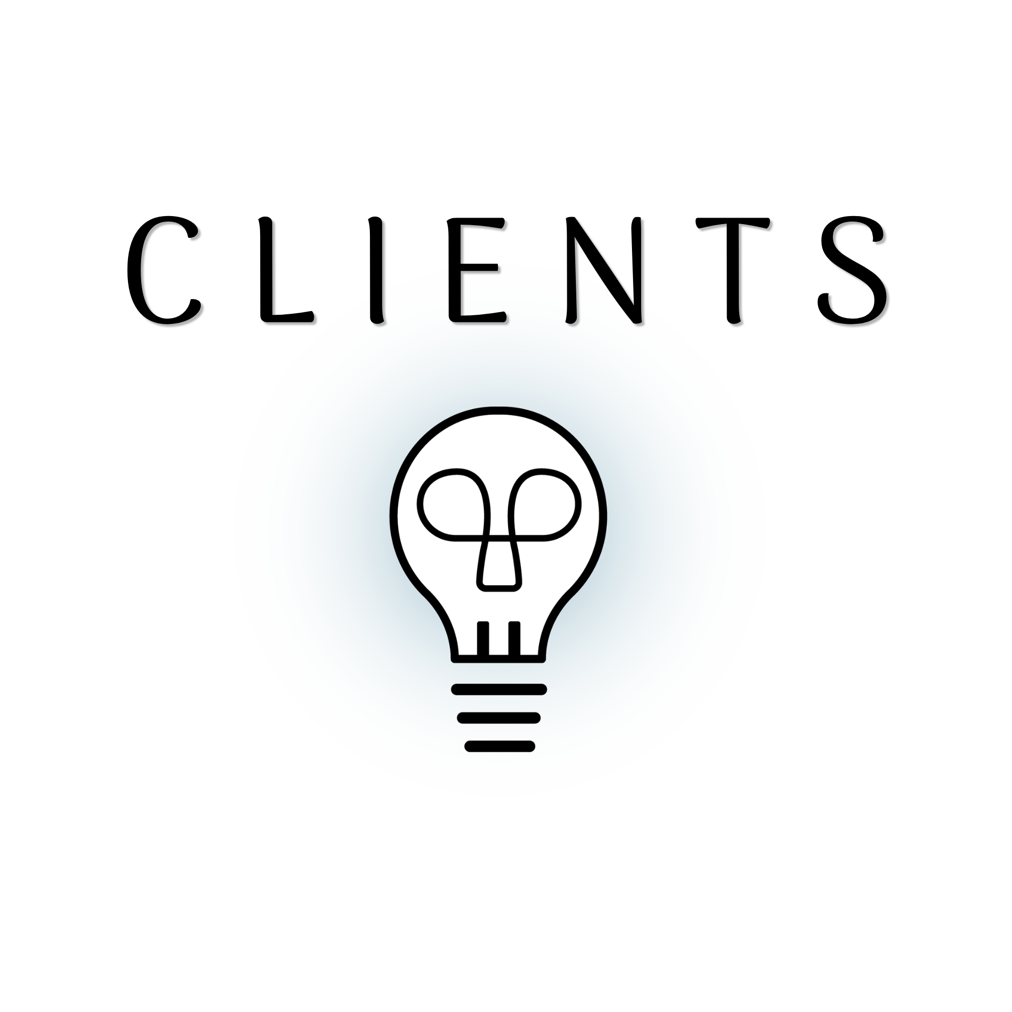 The image features the word 'CLIENTS' in large black letters above a simple black outline of a lightbulb with a skull shape inside it on a white background.