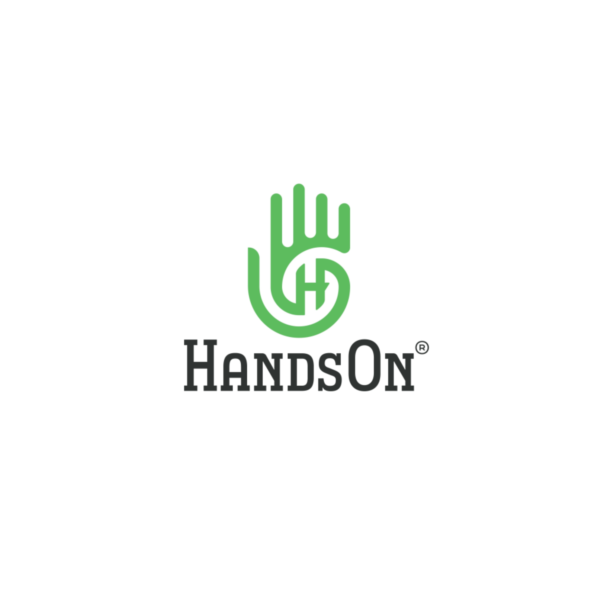 Green logo featuring an abstract hand with a circular emblem containing a chain link symbol inside, and the text "HandsOn" below.