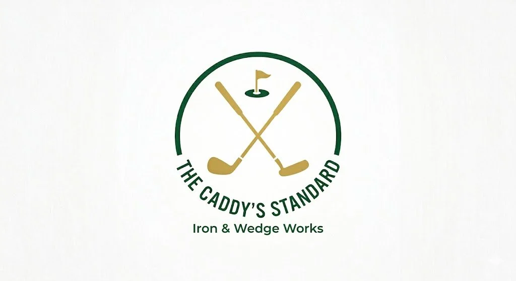 Logo for The Caddy's Standard, Iron & Wedge Works, featuring two crossed golf clubs and a golf hole with a flag.