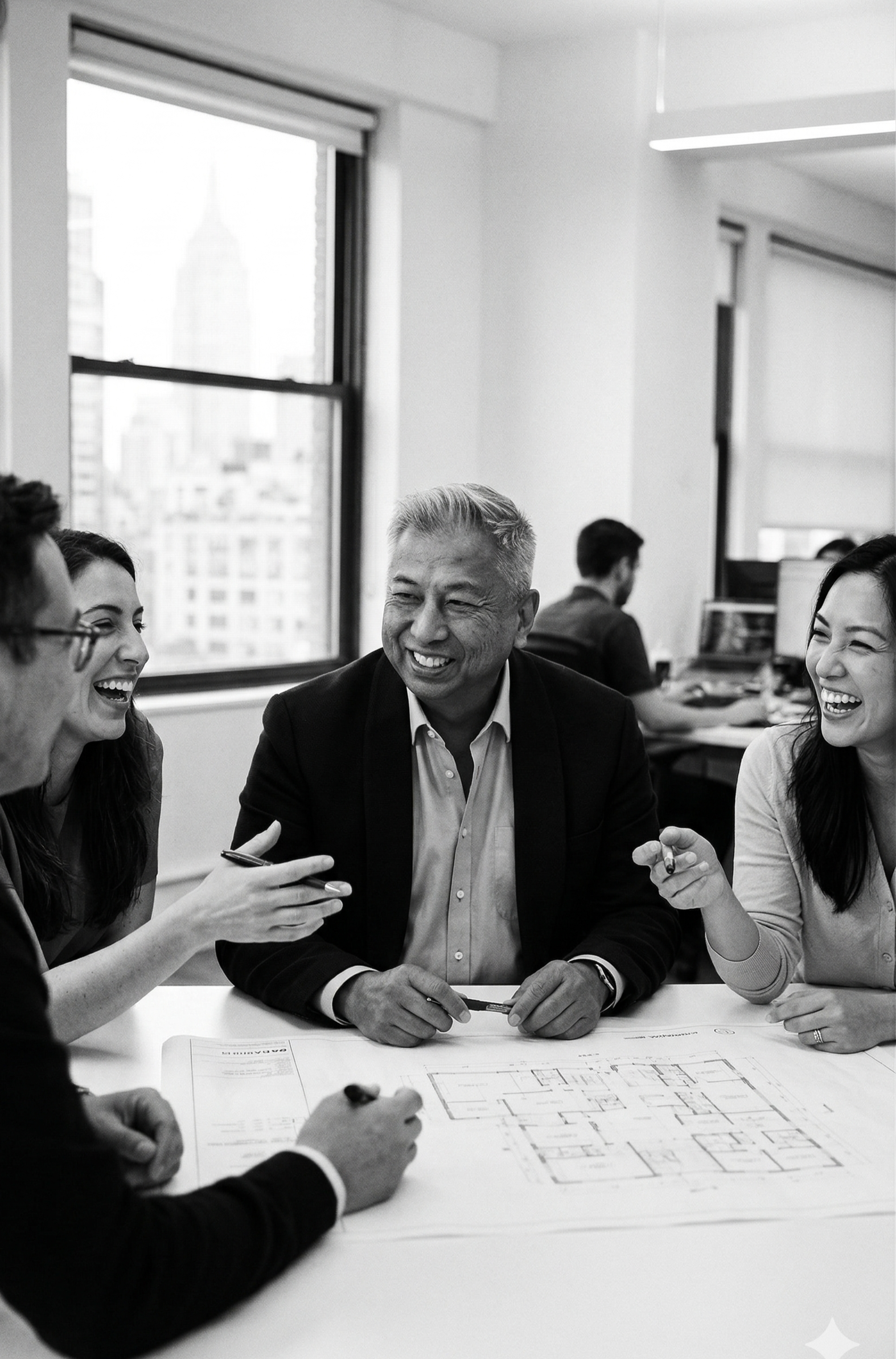 Group of diverse professionals laughing and talking around a table with architectural blueprints in a modern office.