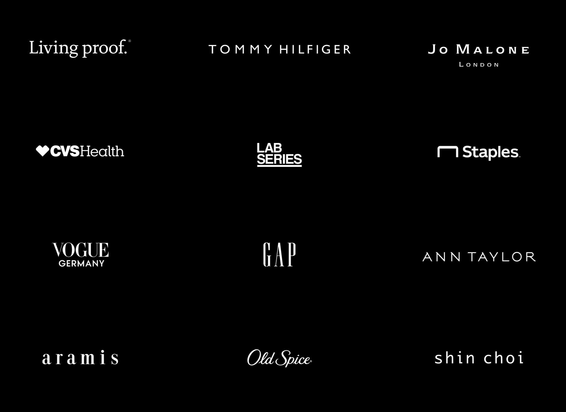 Black background with white logos and names of various brands, including Living Proof, Tommy Hilfiger, Jo Malone, CVS Health, Lab Series, Staples, Vogue Germany, Gap, Ann Taylor, Aramis, Old Spice, and Shin Choi.