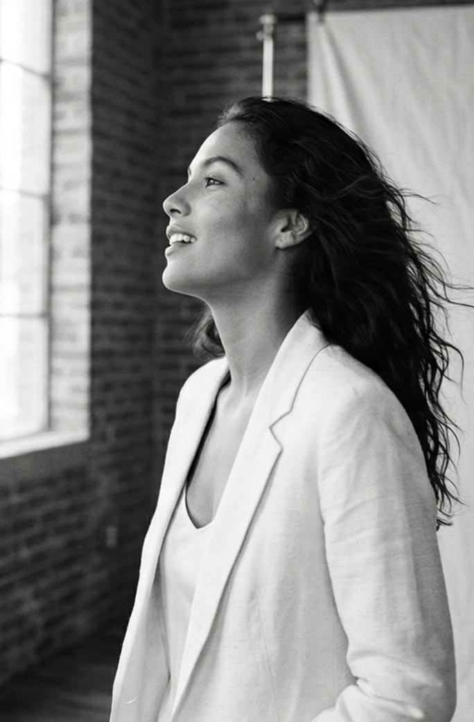 A woman with long, wavy hair smiling and looking to her left, dressed in a white blazer and top, standing indoors with a large window and brick wall in the background.