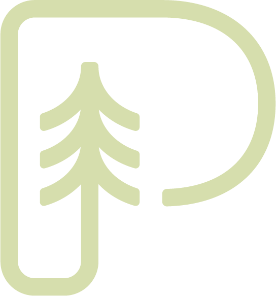 Minimalist logo of a pine tree inside a distorted letter P.