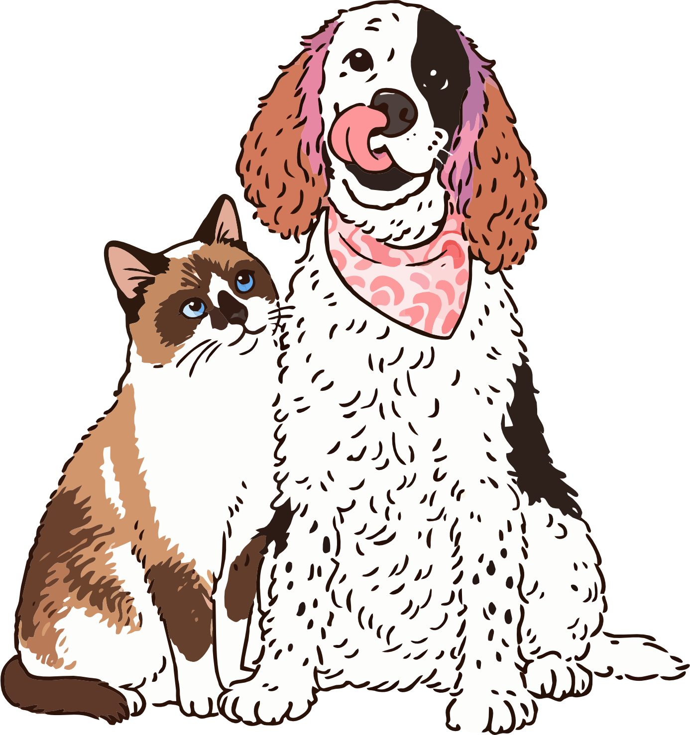 Illustration of a brown and white dog with pink and purple highlights on its ears and a pink bandana around its neck, sitting next to a brown and white cat with blue eyes, both against a black background.