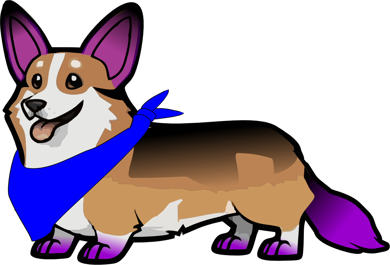 Cartoon corgi wearing a blue bandana, with large purple-tipped ears and a purple-tipped tail, smiling.