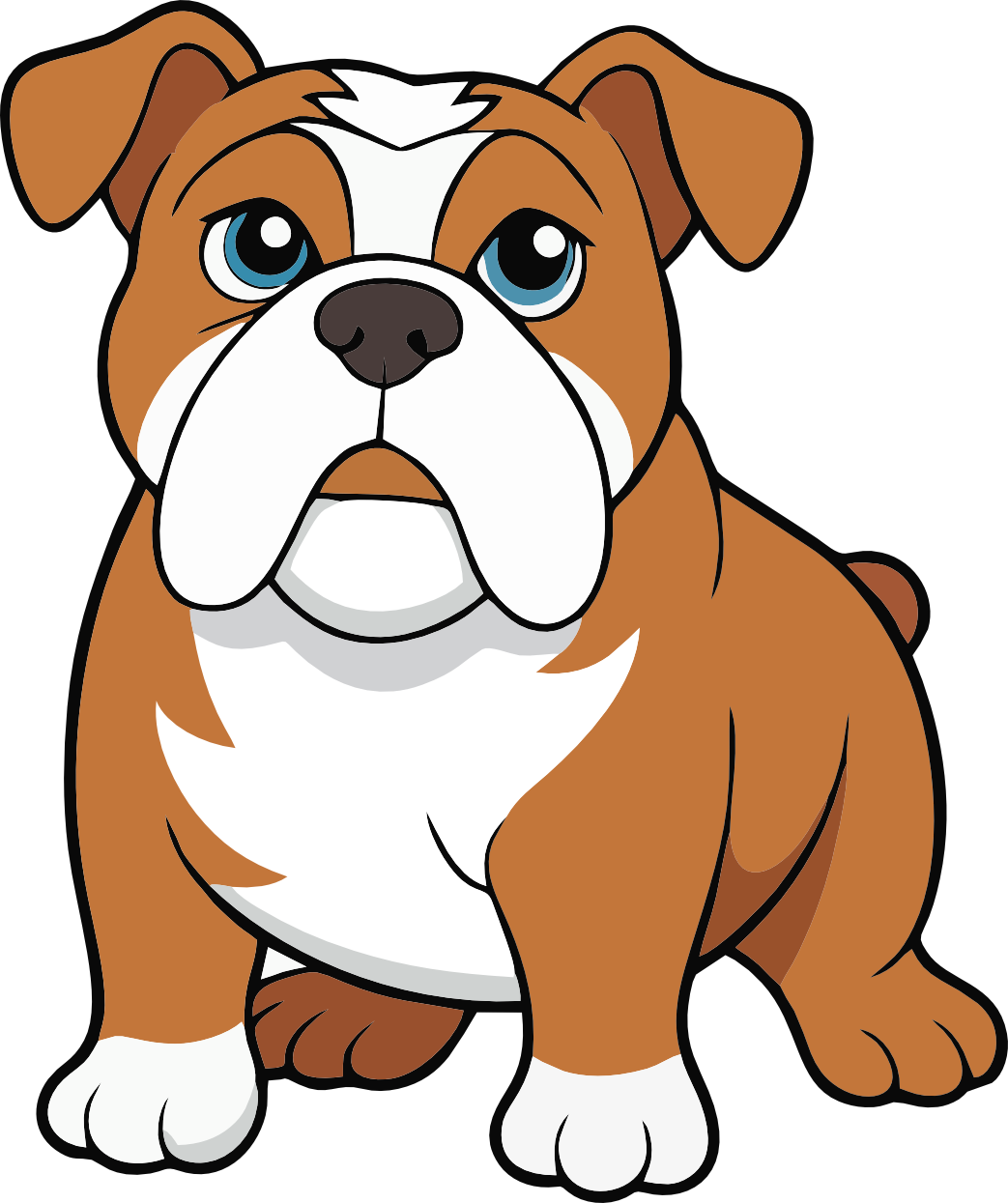 A cute animated bulldog, with brown fur, white markings, and big blue eyes.