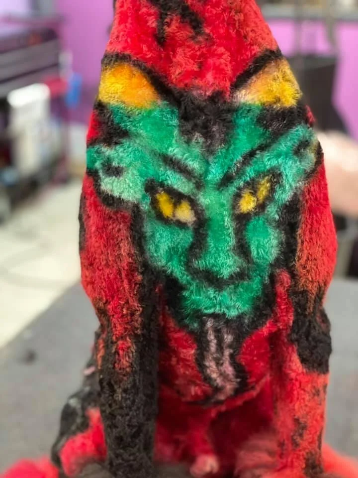 Close-up of a furry garment featuring a colorful, stylized depiction of a lion's face with green, yellow, black, and red colors.