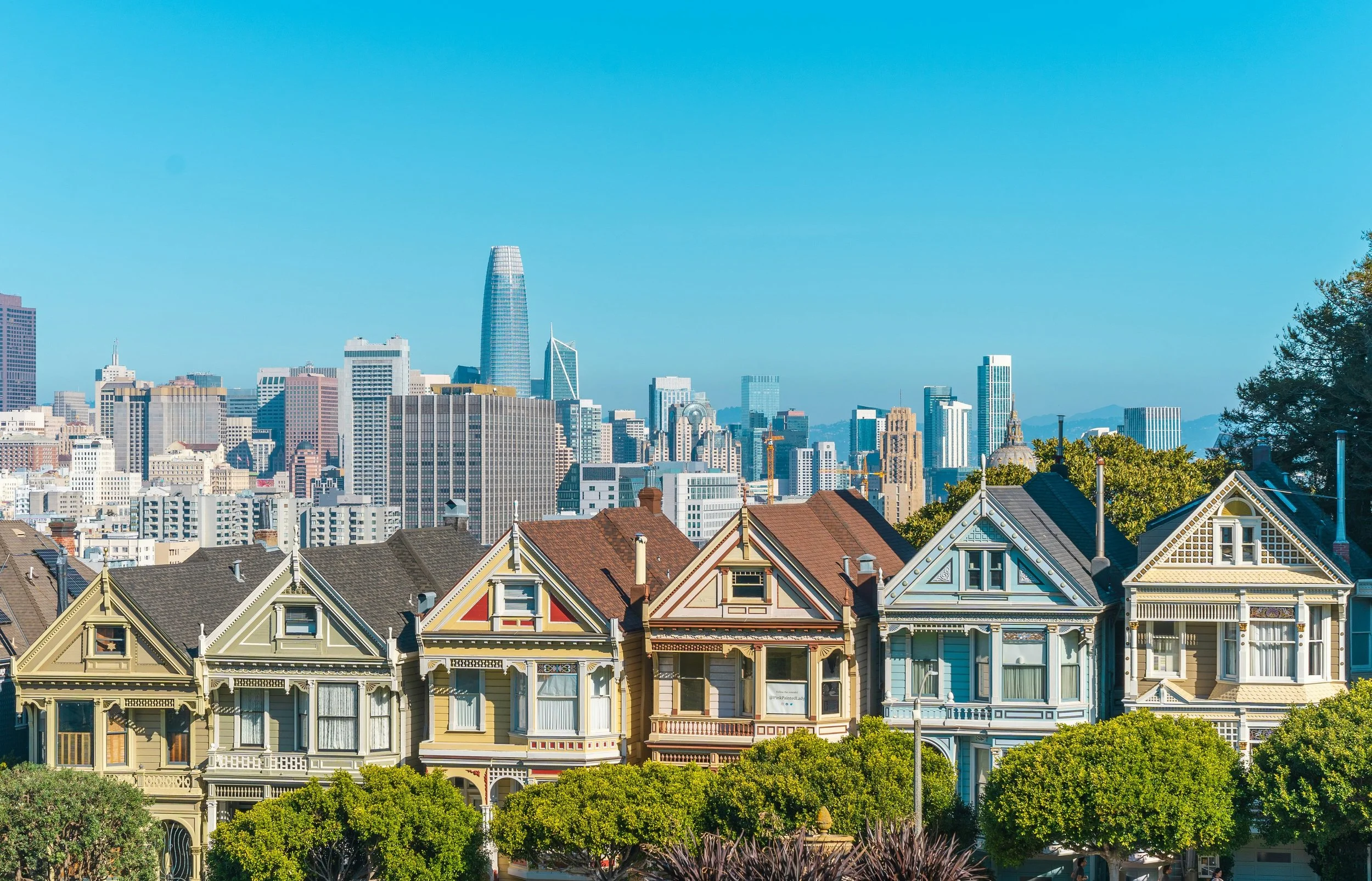 Colorful Victorian-style houses with trees in front, skyline of San Francisco with high-rise buildings in the background under a clear blue sky.