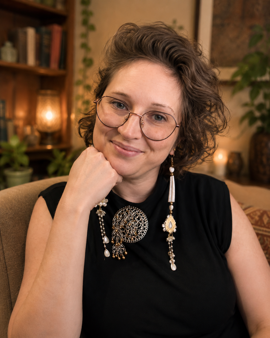 A woman with short curly hair and glasses, wearing a black sleeveless top and ornate earrings, sitting indoors with a warm, cozy background including plants, books, and lit candles.