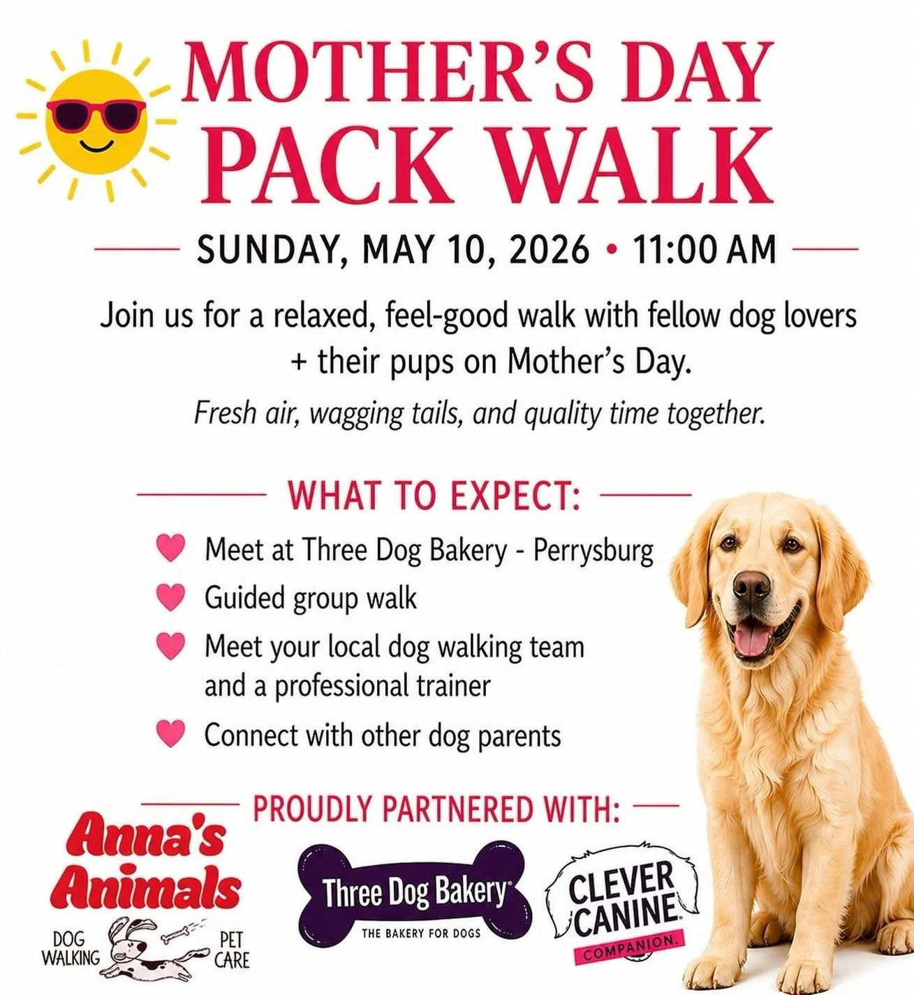 Our 3rd pack walk falls on Mother&rsquo;s Day! A pawfect way to celebrate all you dog mommas and your furbabies! Bring em out, walk with us, meet a local dog trainer, and grab some goodies from the bakery! Fresh air and tail wags before your festivit