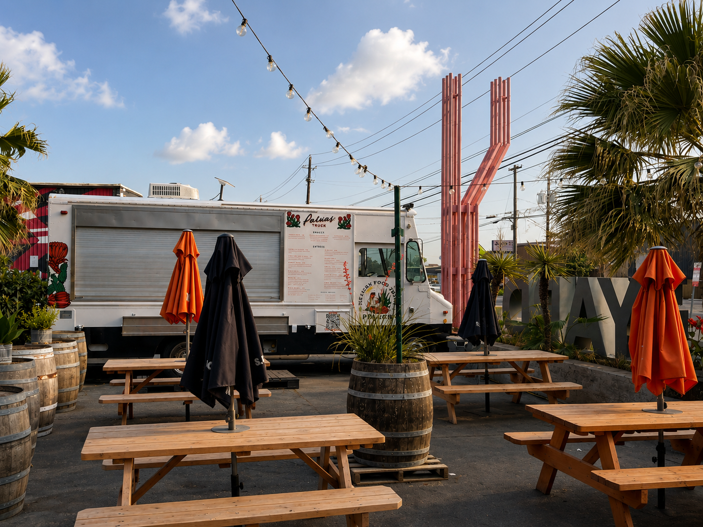 An outdoor dining area with wooden picnic tables, orange and black umbrellas, a food truck named 'Fatalias Truck', potted plants, string lights, and palm trees under a partly cloudy sky.