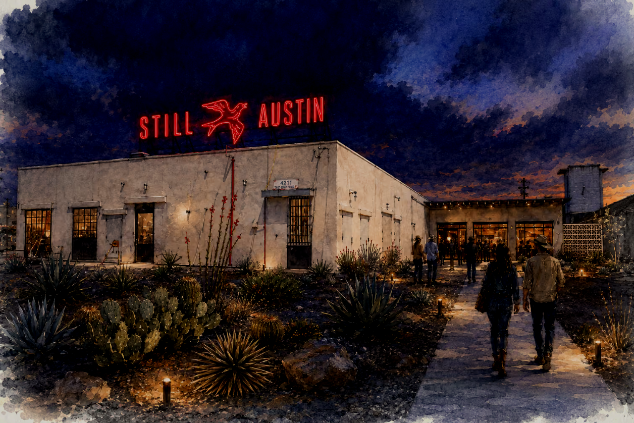 People walking toward a building with a neon sign that reads 'Still Austin' and features a flying bird silhouette at dusk, with a desert landscape including cacti and succulents in the foreground.