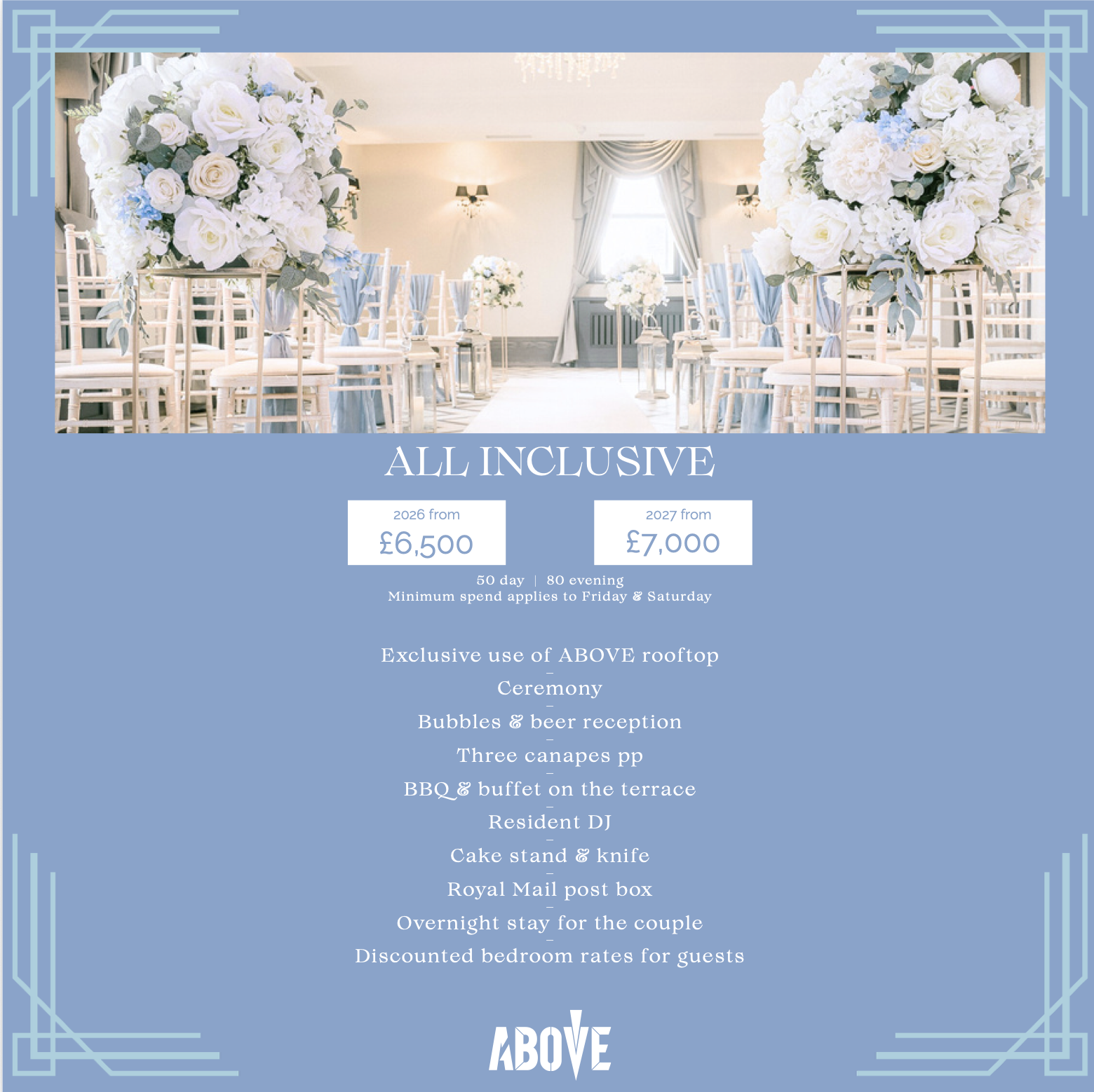 Elegant wedding ceremony setup with white and cream flowers, white chairs, and draped curtains in a bright room with blue accents.