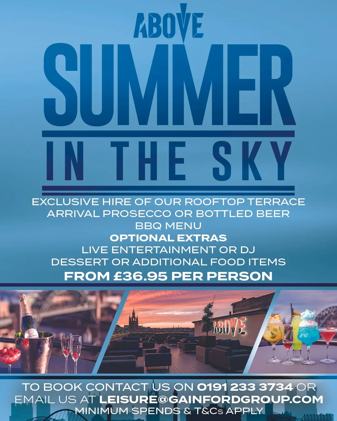 Flyer advertising rooftop terrace summer event with drinks, live entertainment, and optional extras starting from £36.95 per person.