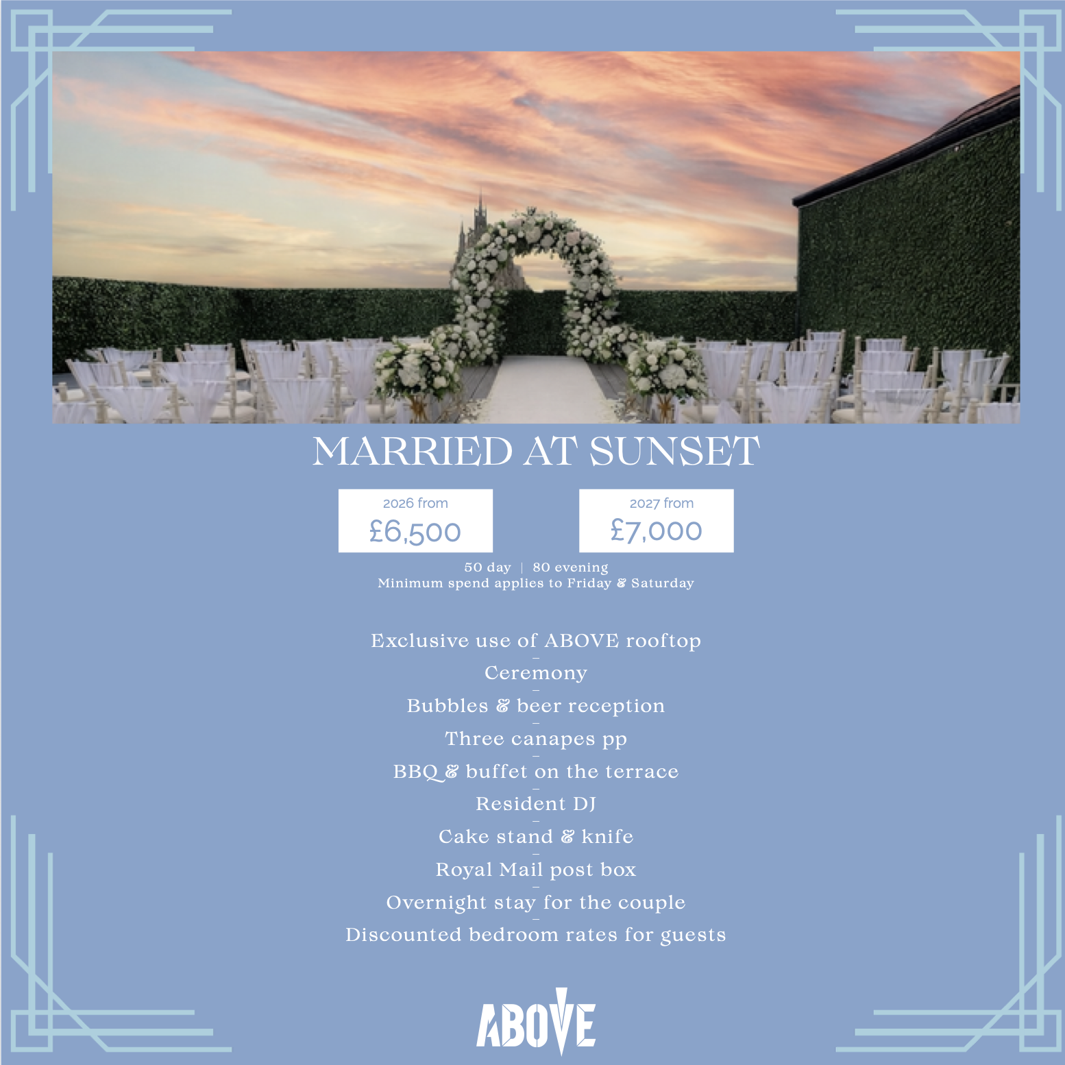 Post promoting a wedding ceremony at sunset on a rooftop with floral arch, seating, and reception details listed.