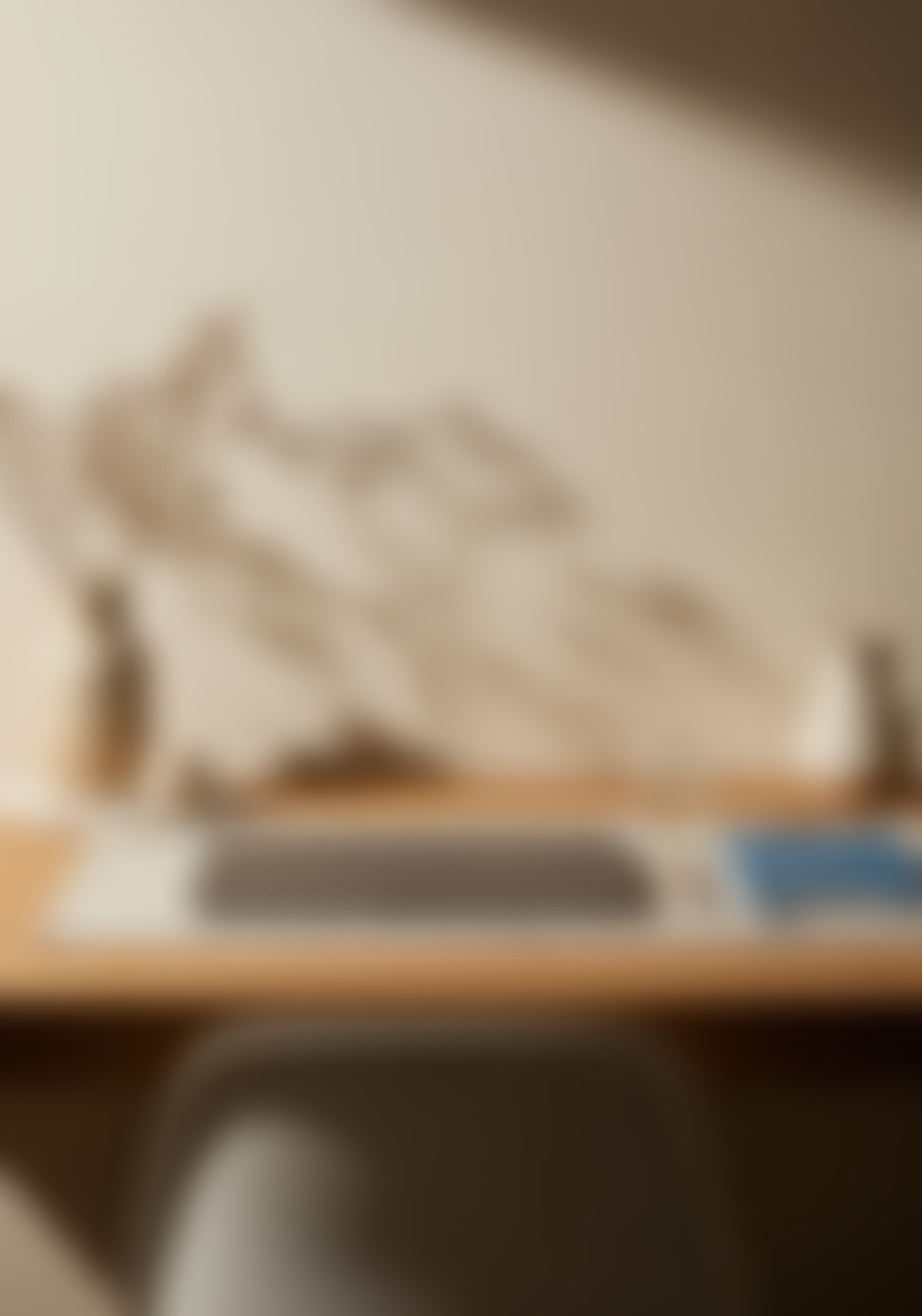 A blurry image of a desk with a laptop, some papers, and a blue object, with a blurred background that suggests a decorative wall hanging or picture.