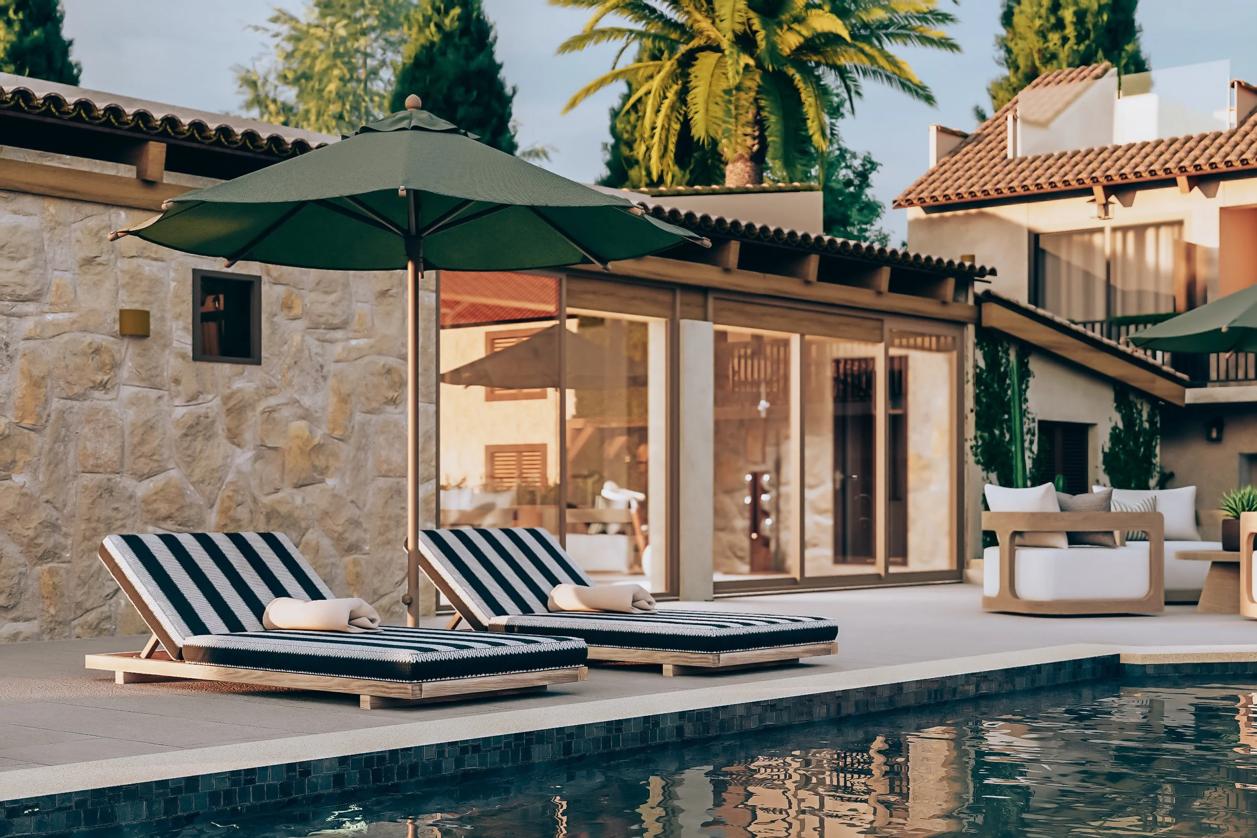 Luxury swimming pool area with lounge chairs, an umbrella, a modern house with large glass doors, and tropical plants.