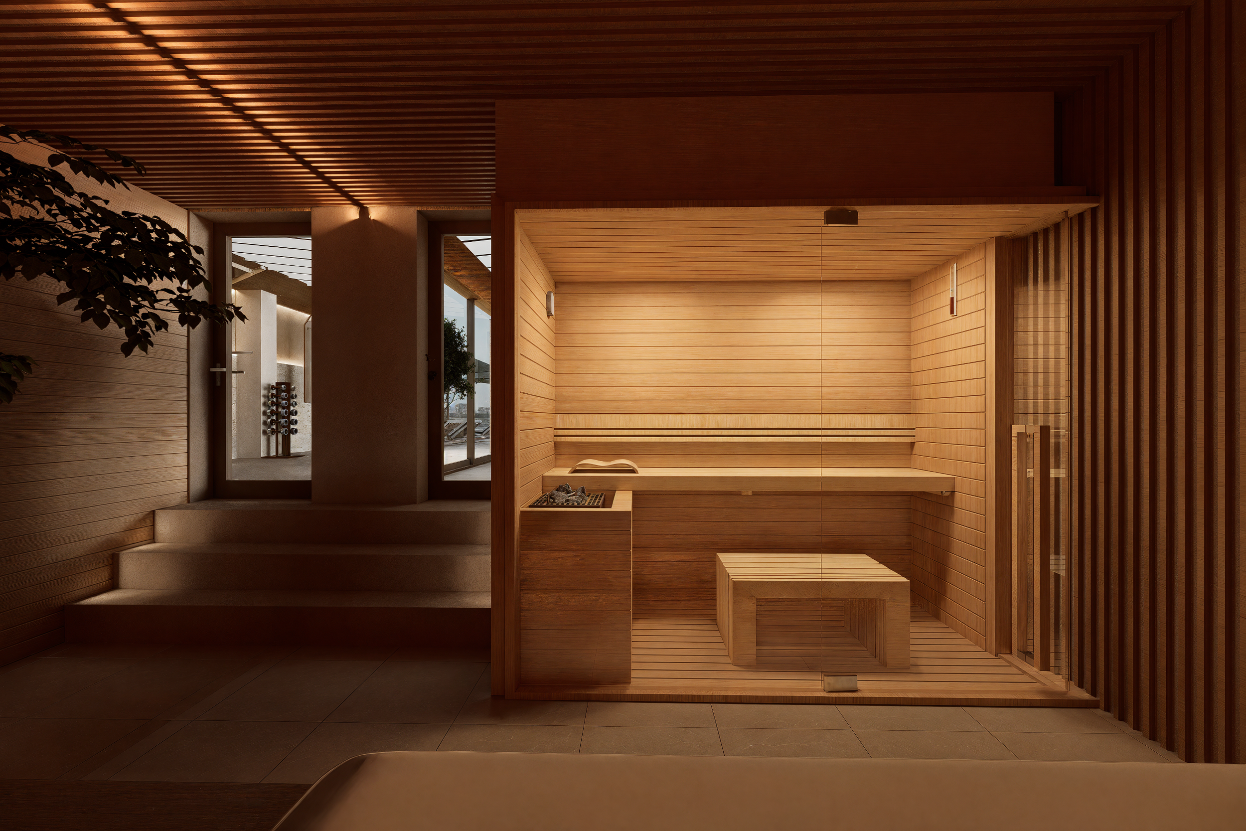 A modern sauna room with wooden walls and benches, featuring a small stove with rocks, designed for relaxation.