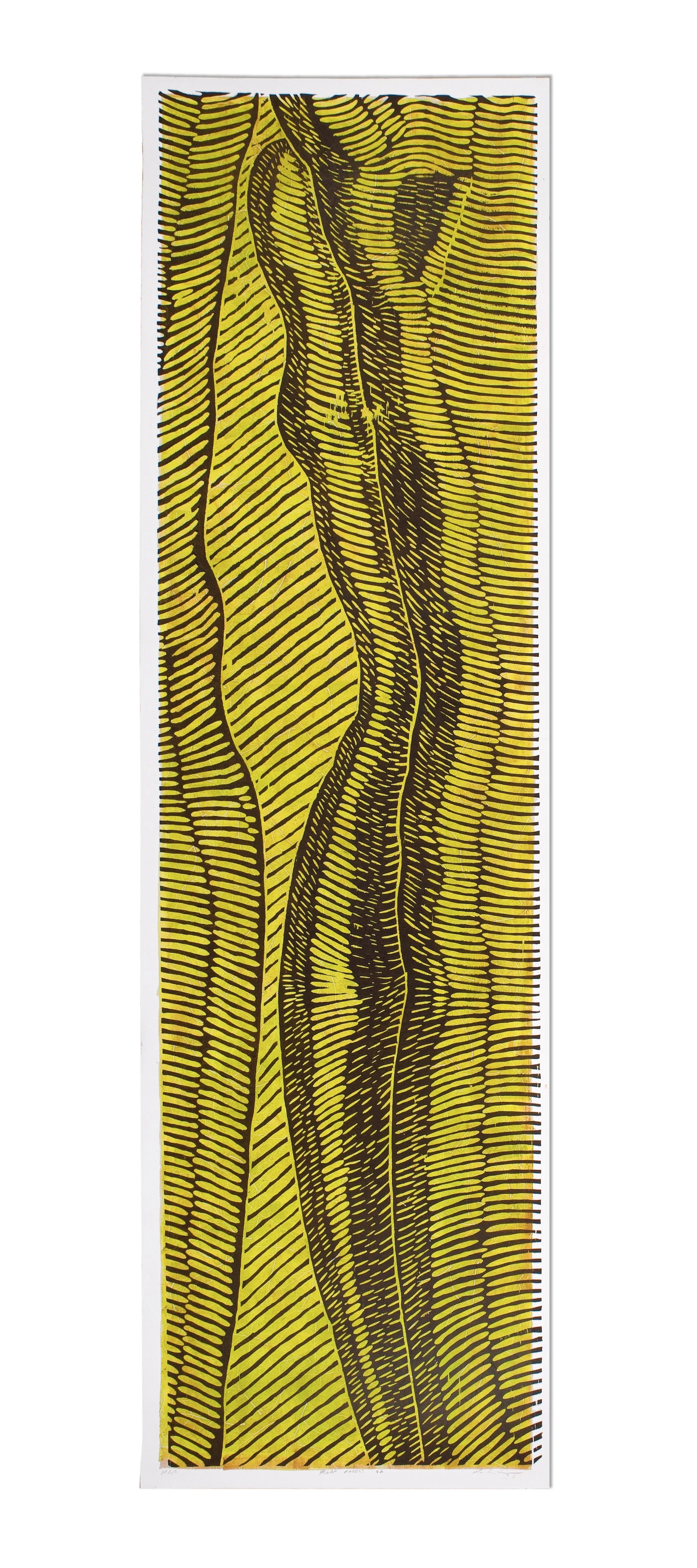 An abstract artwork featuring wavy black lines on yellow background, resembling a stylized mountain landscape or flowing fabric.