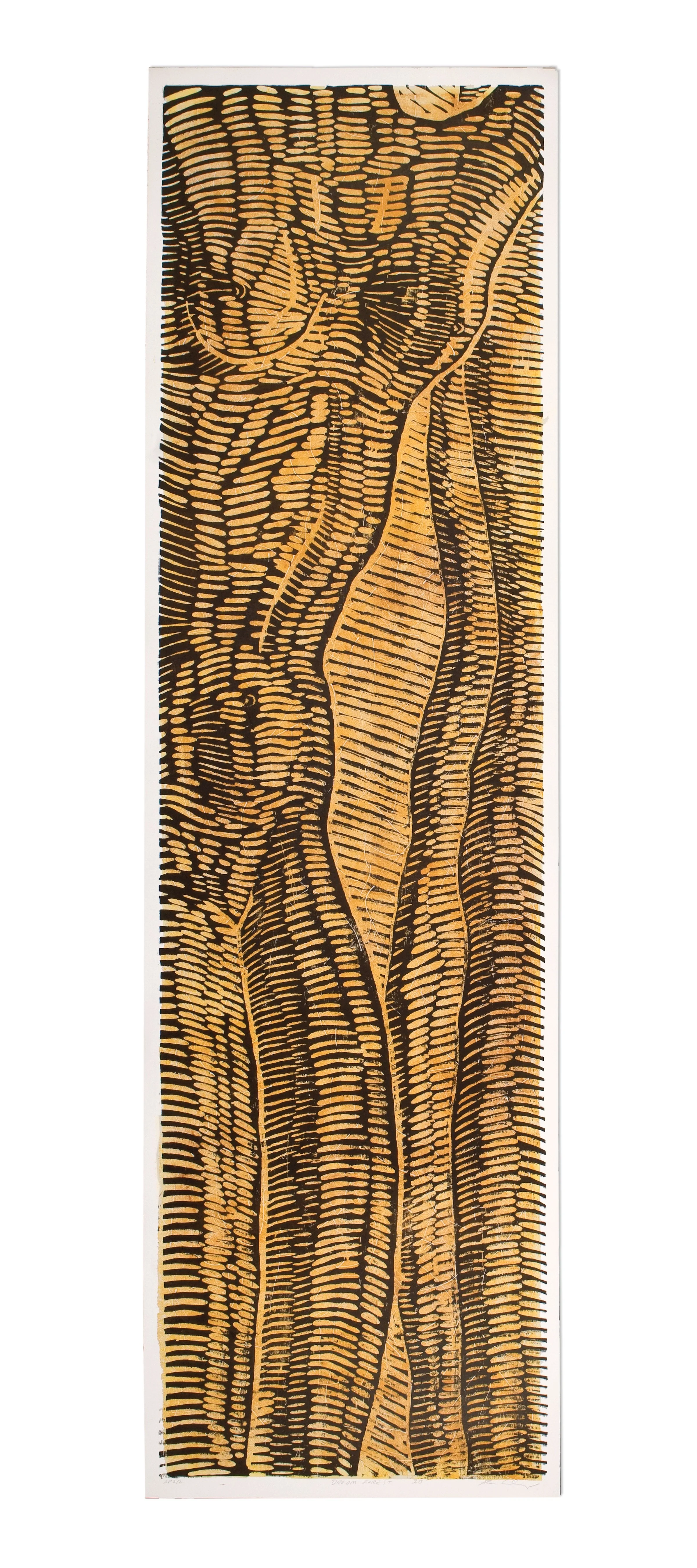 A tall, narrow abstract painting with black and orange lines creating a pattern resembling a stylized tree trunk or wood grain.