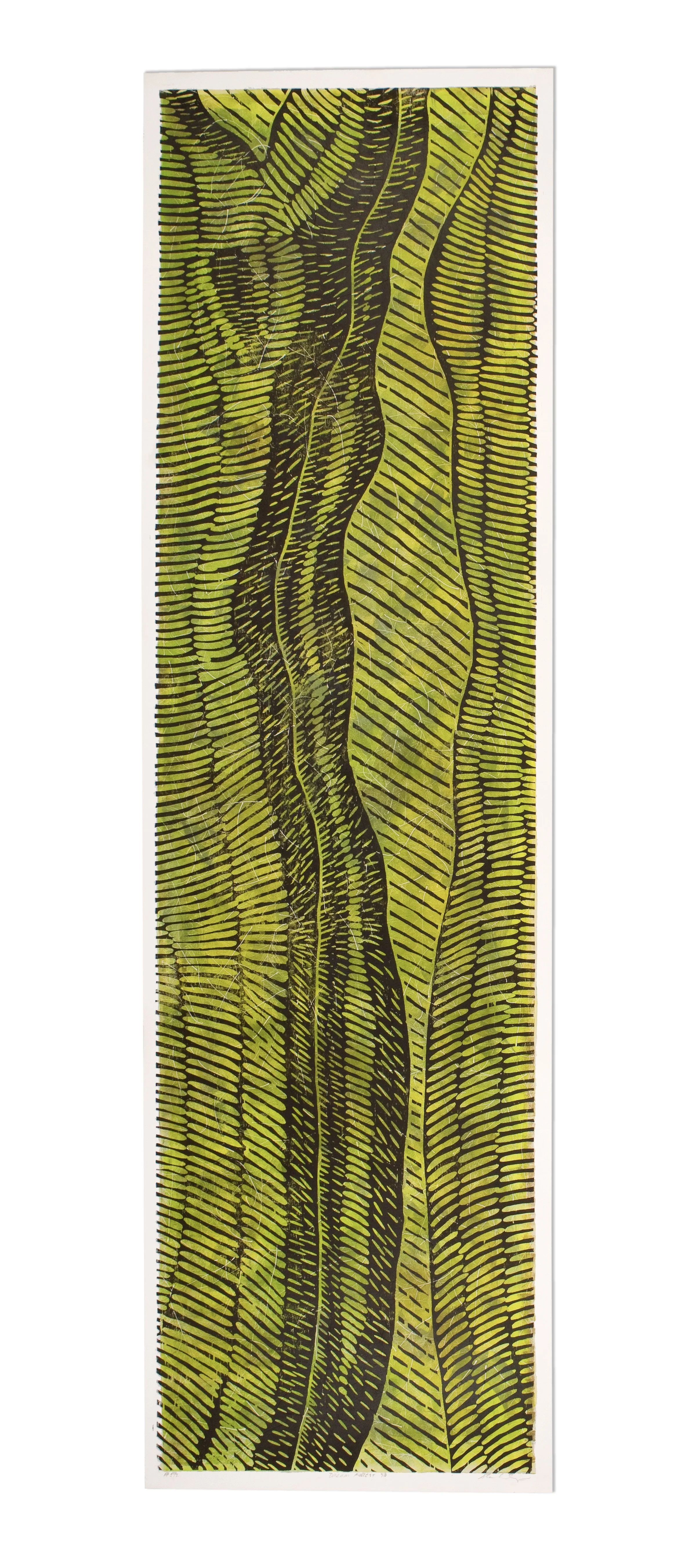 Painting of stylized green and black fern leaves with intricate lines and patterns.