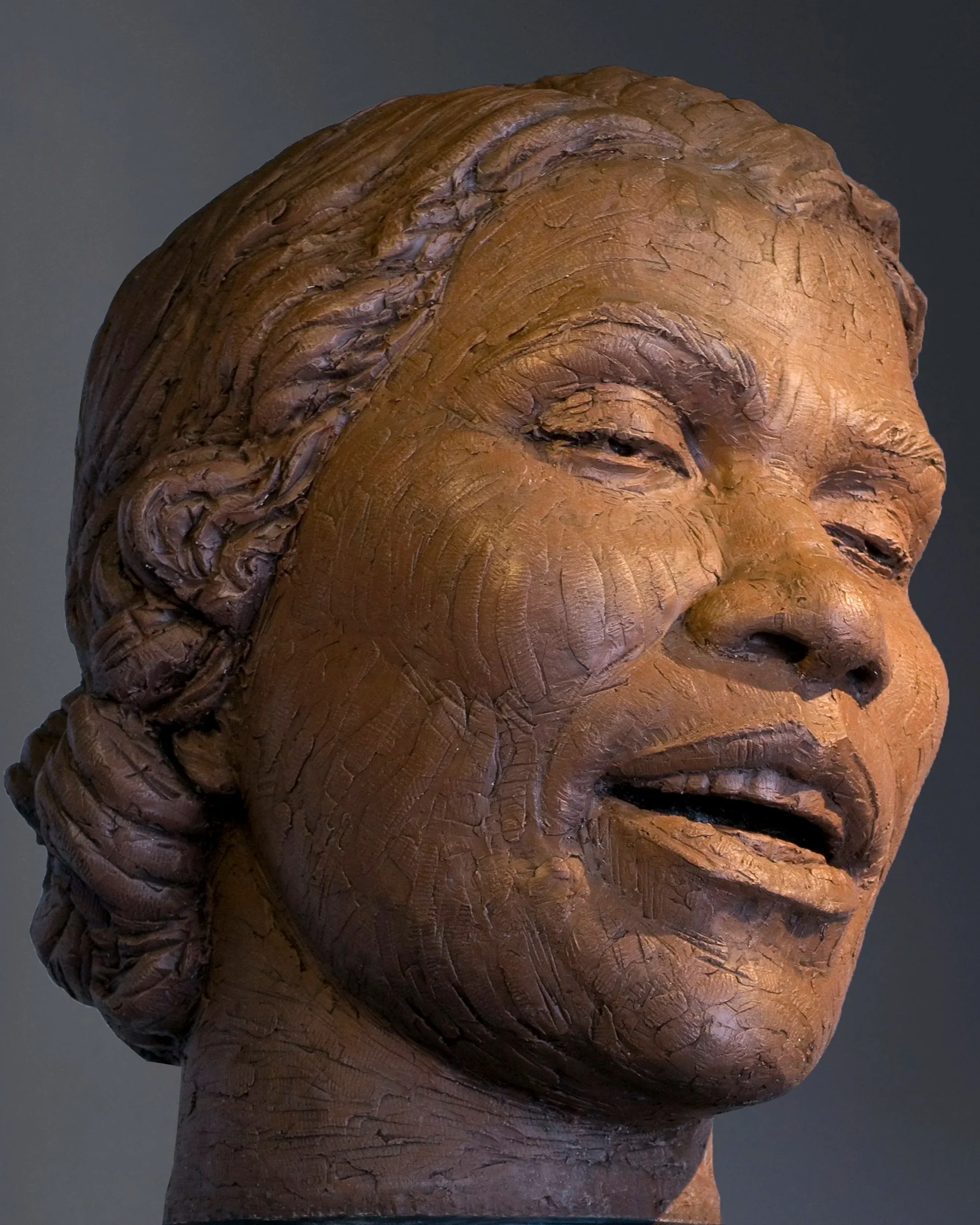 Close-up of a bronze sculpture of a woman's face, showing detailed carved facial features and hair against a gray background.  Cultural Heroes