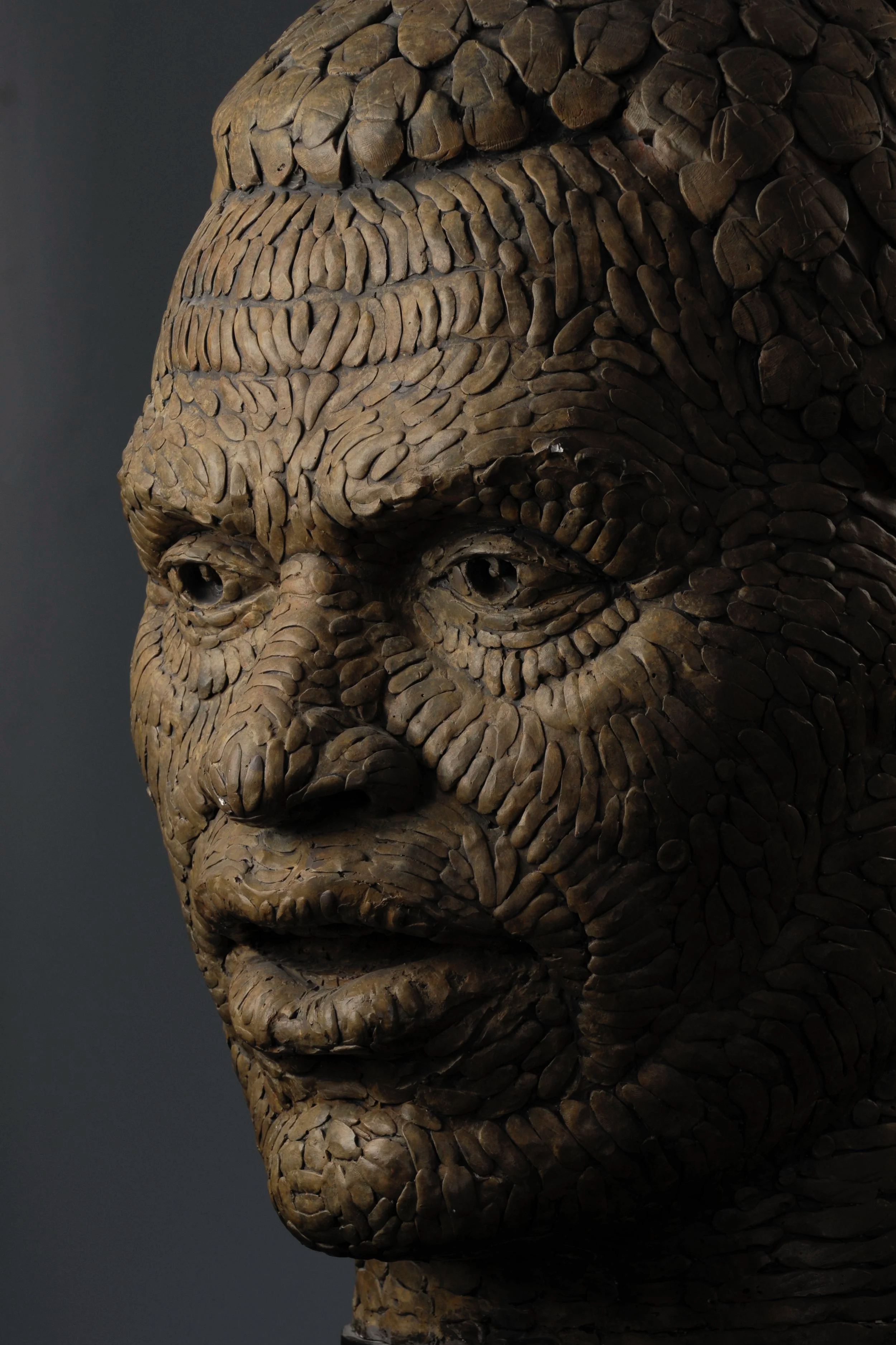 A close-up of a sculpture of a human face made from small, textured wood pieces, highlighting detailed facial features and craftsmanship.