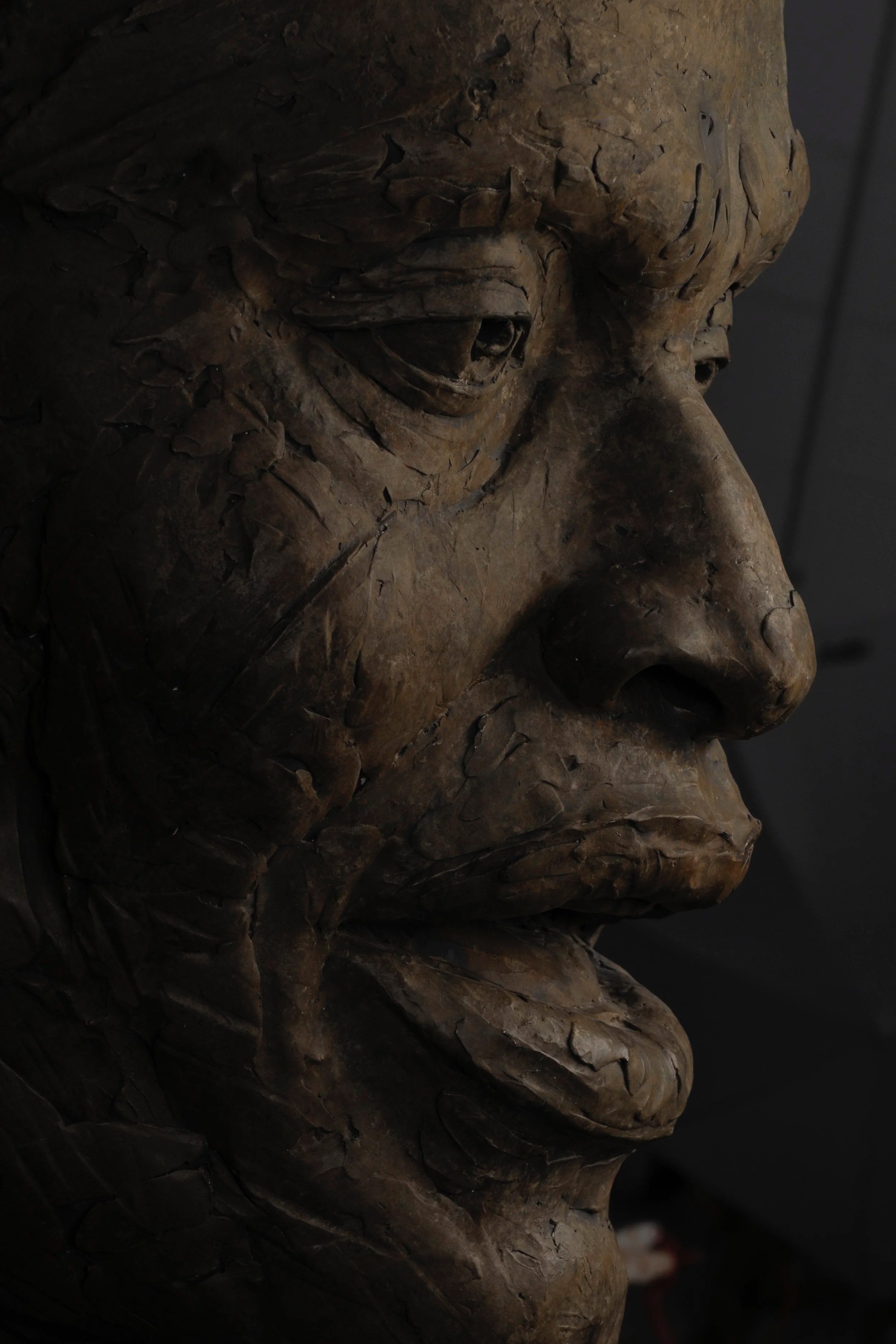 A detailed close-up of a plaster sculpture of a human face, showing textured facial features and cracks in the plaster.  Cultural Heroes