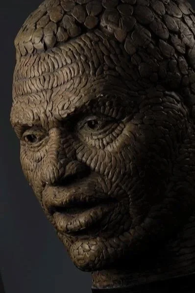 A close-up sculpture of a human face with textured, a serene expression.  Cultural Heroes