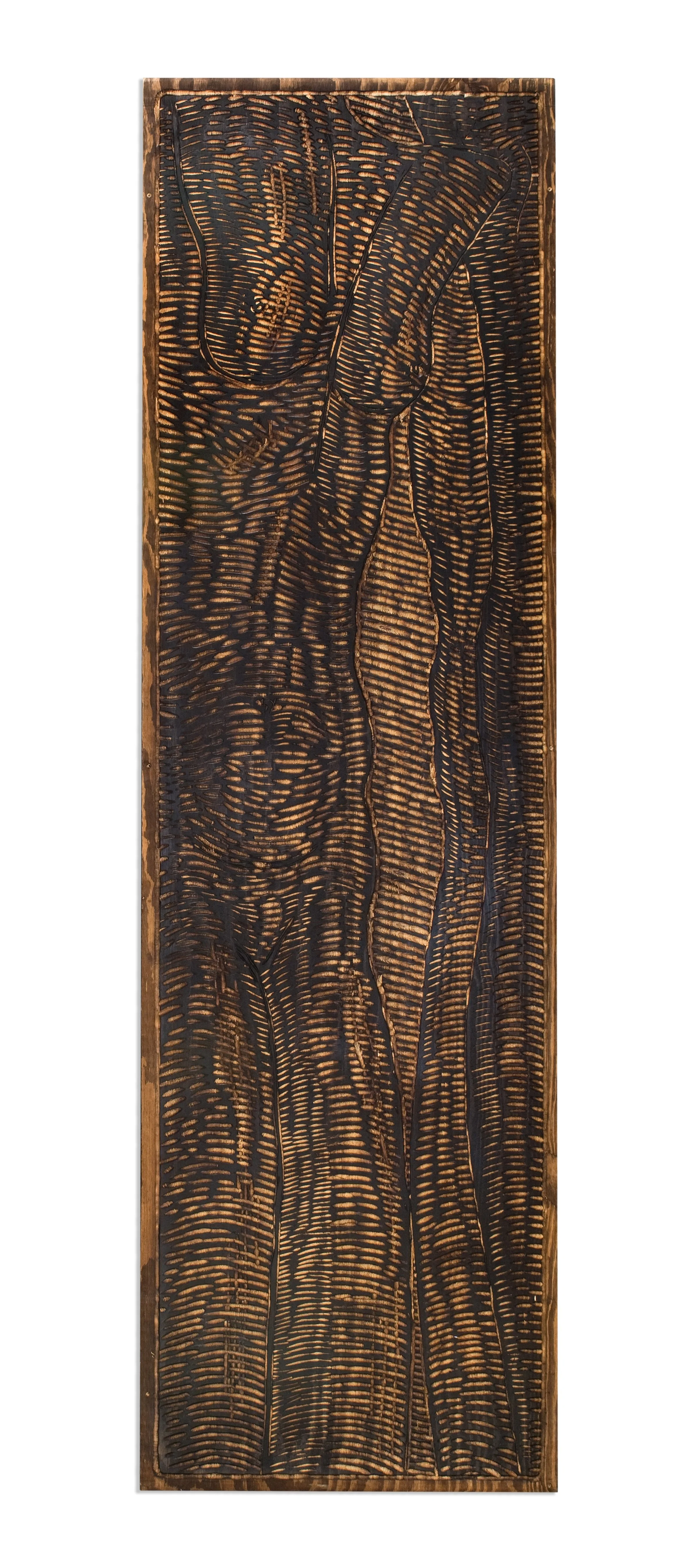 A wooden art piece with carved abstract lines and textured patterns.