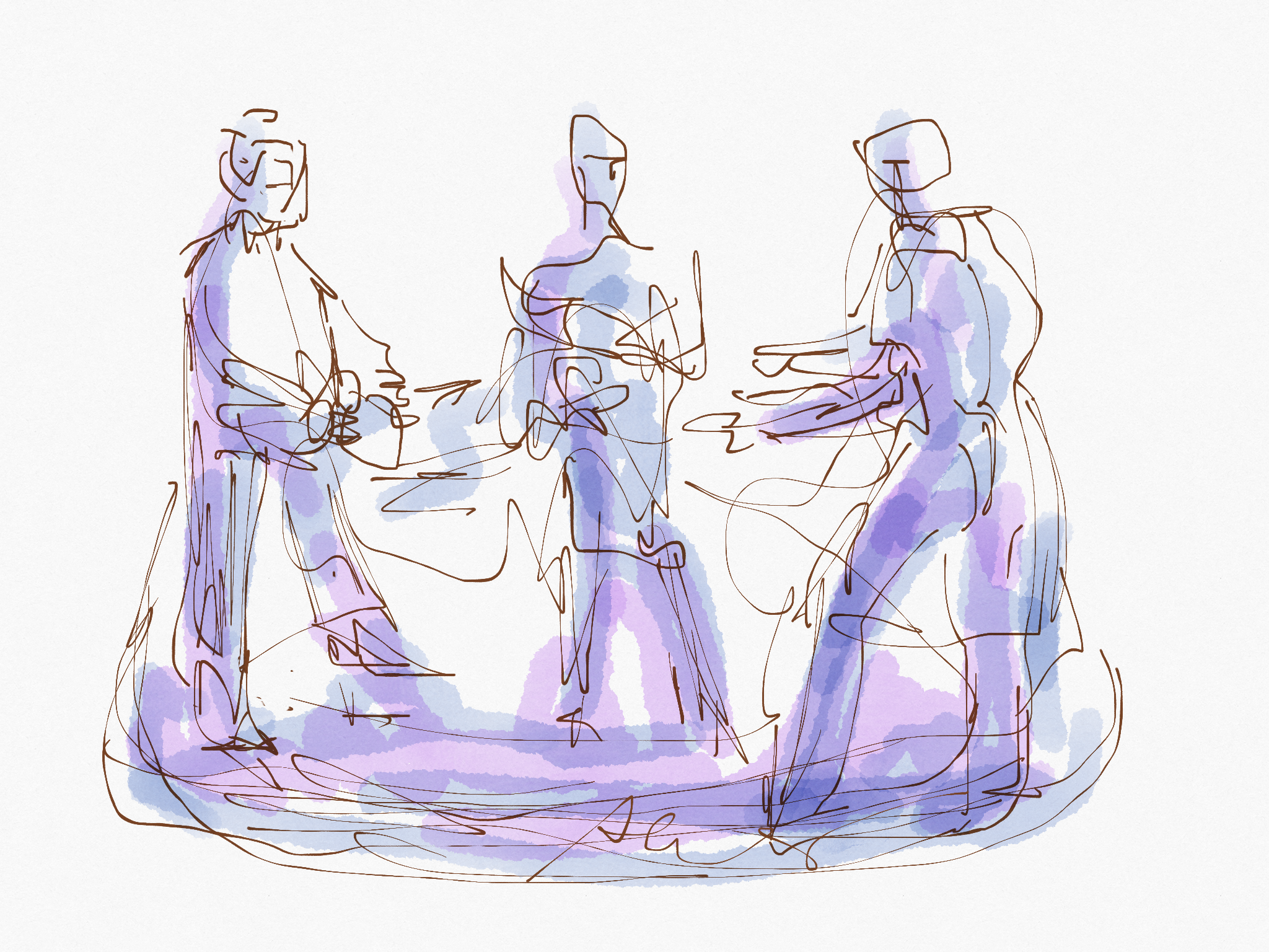 Line drawing of three people sitting in a circle, with blue and purple watercolor shading.