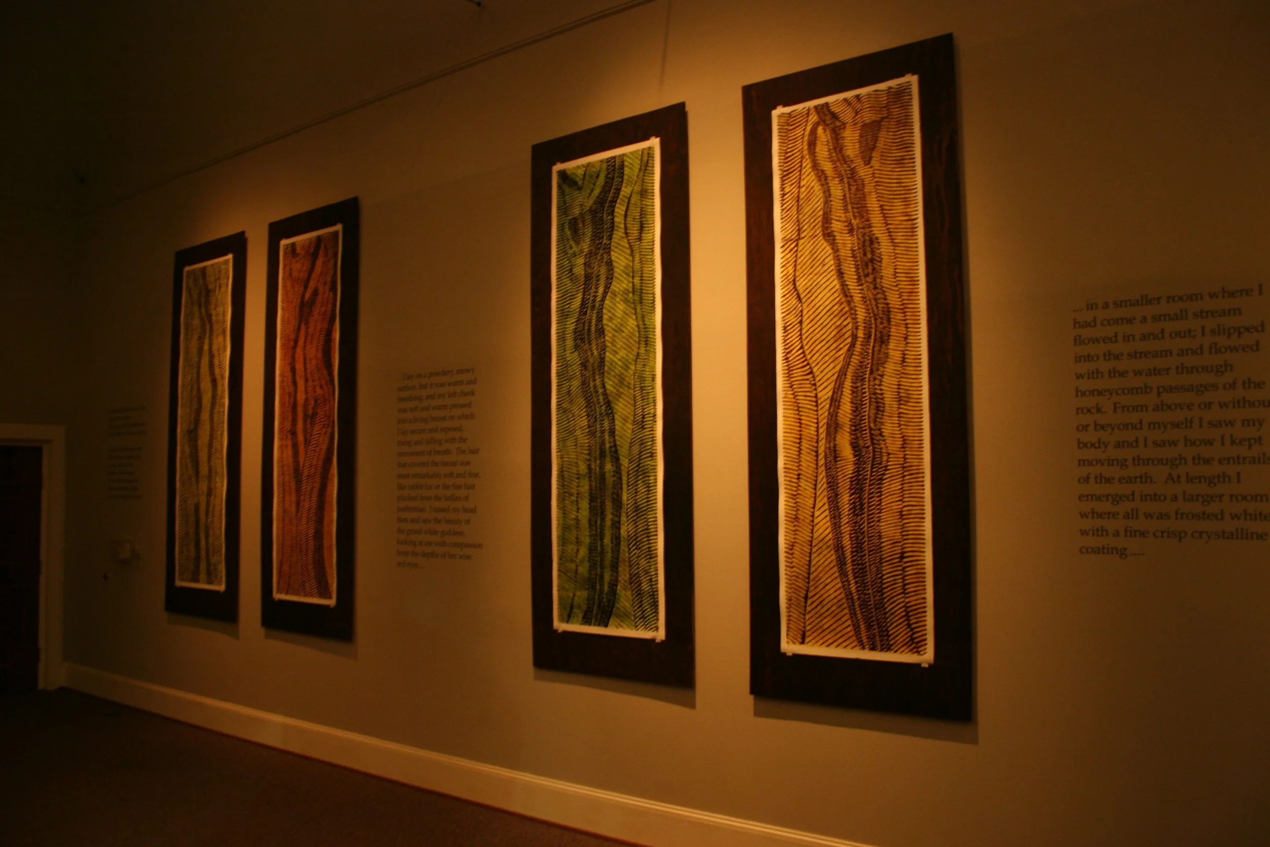An art gallery display with four rectangular vertical artworks, each with a dark frame and intricate, colorful patterns. There is a paragraph of descriptive text on the wall next to the artworks, partially visible. The room has subdued lighting focus
