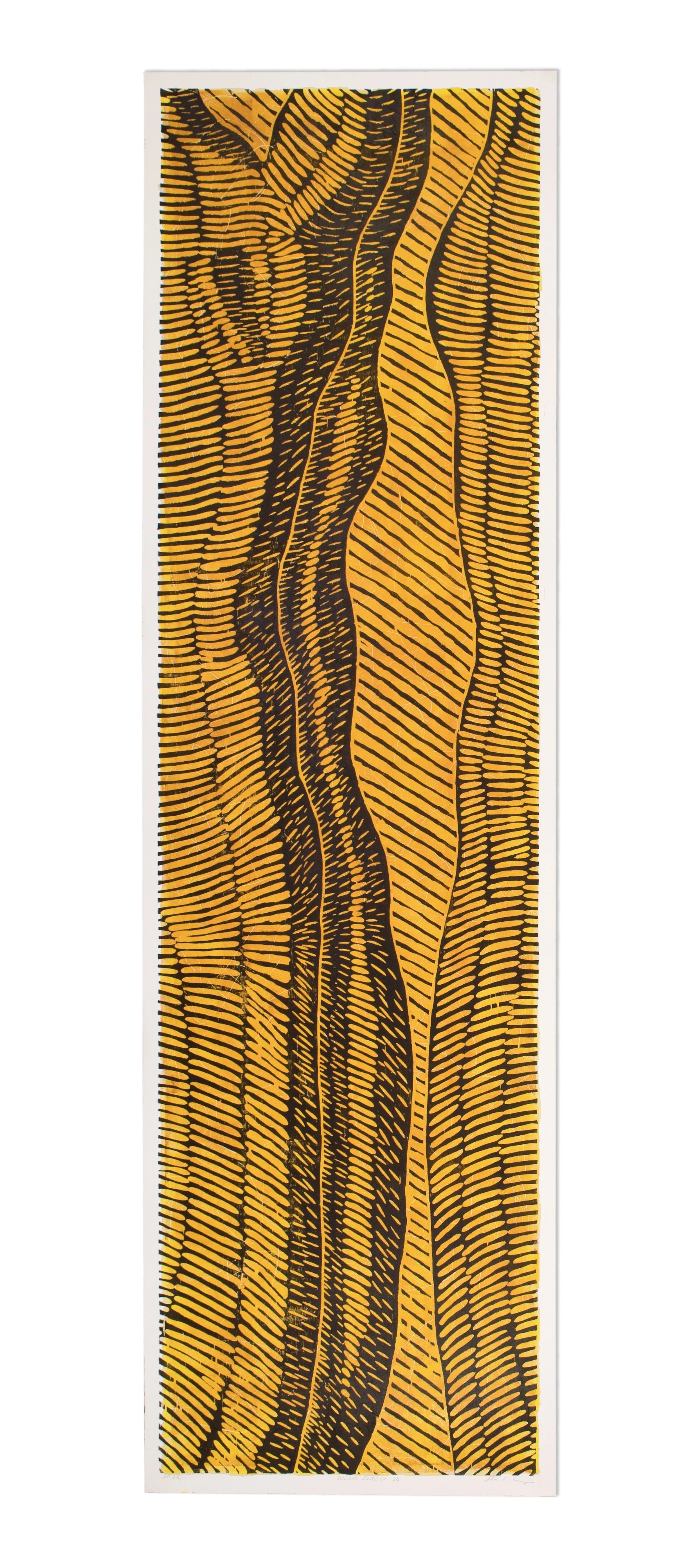 Abstract painting with orange and black wavy lines and patterns.