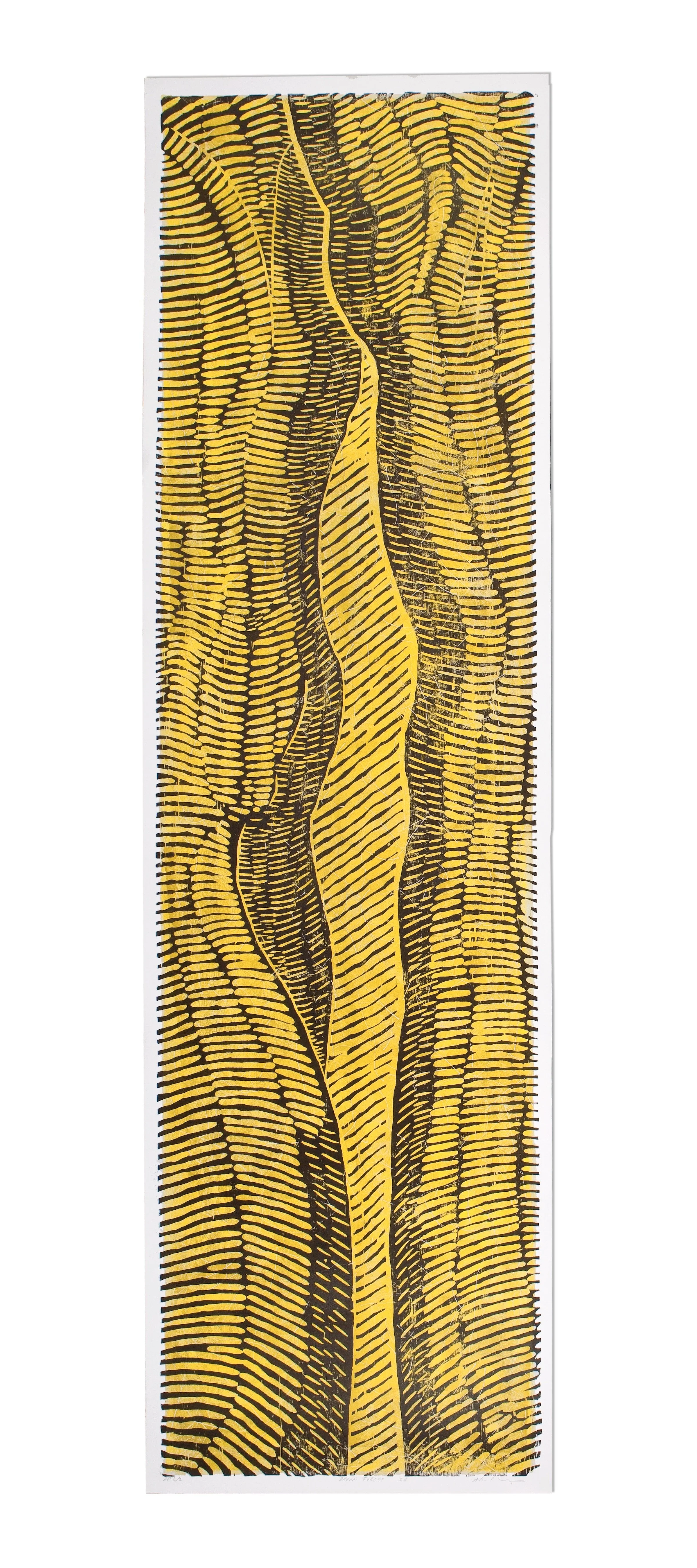 A colorful abstract painting depicting a stylized tree trunk with layered yellow and black lines.