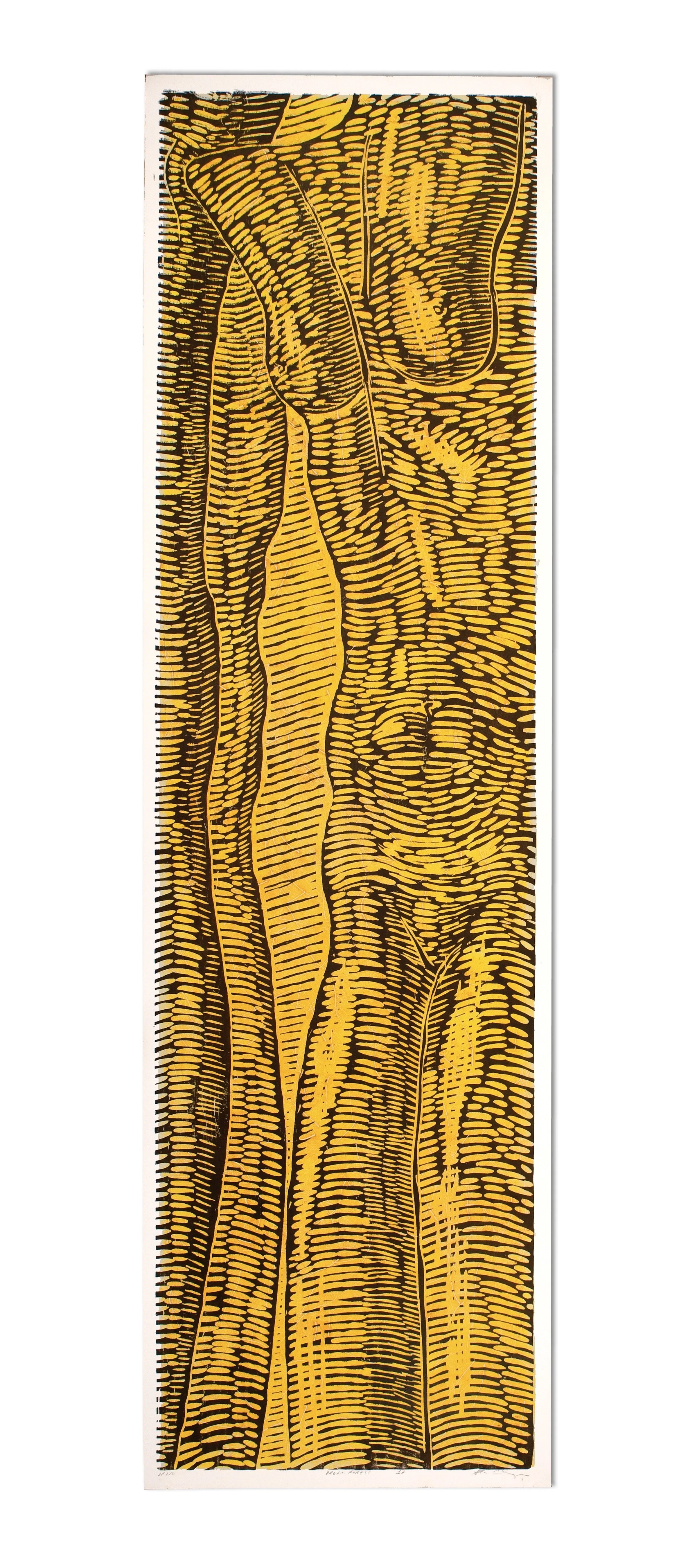 Tall abstract painting with yellow and black wavy lines and shapes.